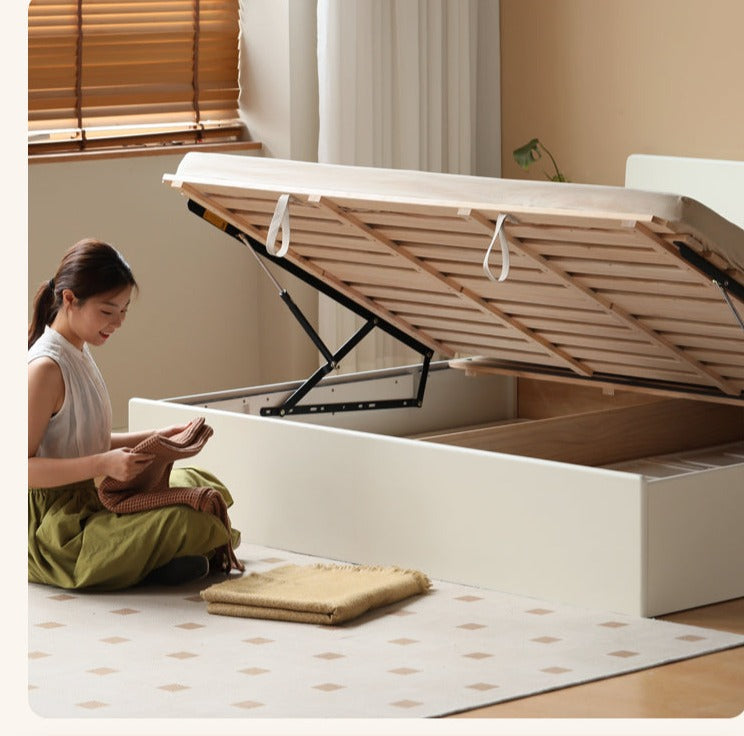 Solid Poplar Wood Box Storage Bed in Cream - Underbed Storage Solution for Small Spaces, Bedroom Organization & Minimalist Decor