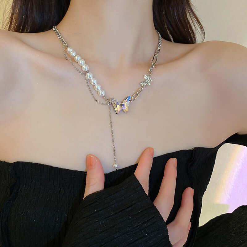 Chunky Pearl Bead Butterfly Half Chain Tassel Necklace for Women | Elegant Boho Jewelry Gift | Perfect for Parties, Weddings & Date Nights | HN2348