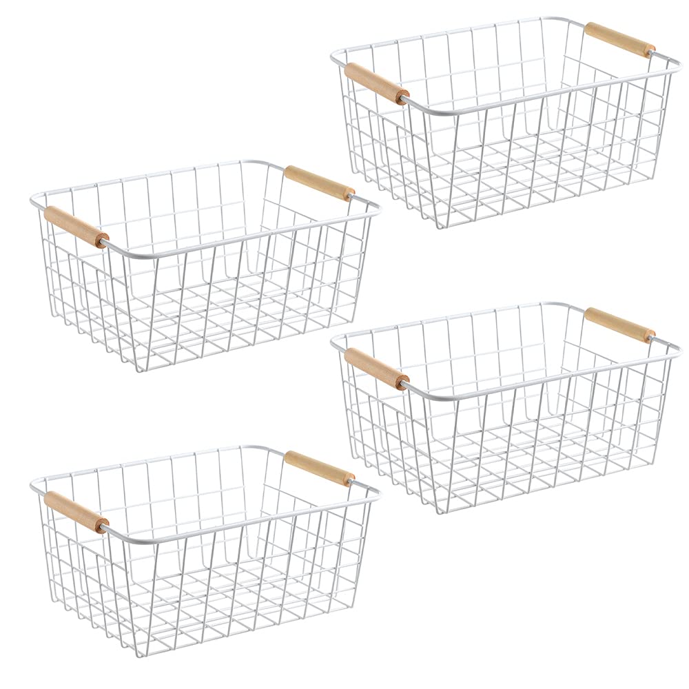 Farmhouse Style Metal Wire Baskets - 4 Pack White Kitchen Organizers with Built-in Handles for Refrigerator, Pantry, Cabinet & Bathroom Storage | Perfect for Food, Produce, Toiletries & Household Organization
