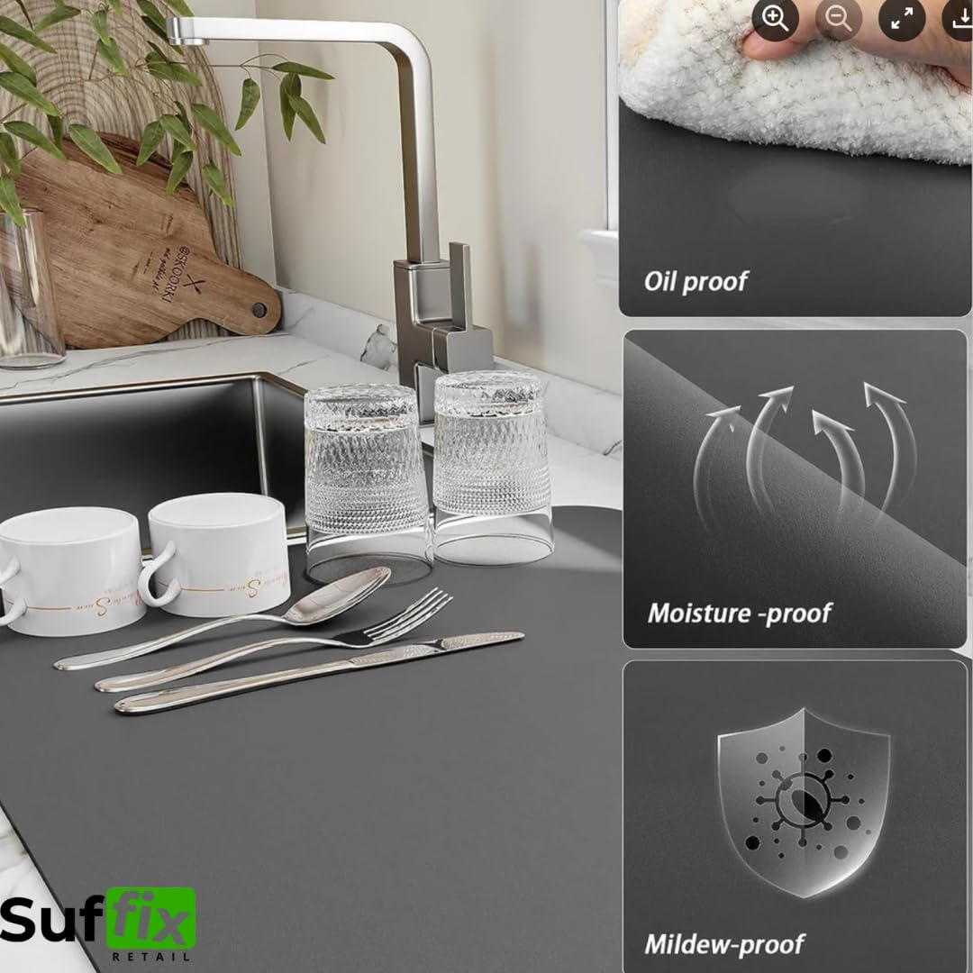 Suffix Retail ® - 1PC Dish Drying Mat with 2PC Metal Mesh Dishwashing Cloths | Non-Slip Kitchen Counter Mat | Utensil Drying Rack | Water Absorbent Kitchen Accessories (40x60cm) for Sink, Countertop & Dish Rack Organization