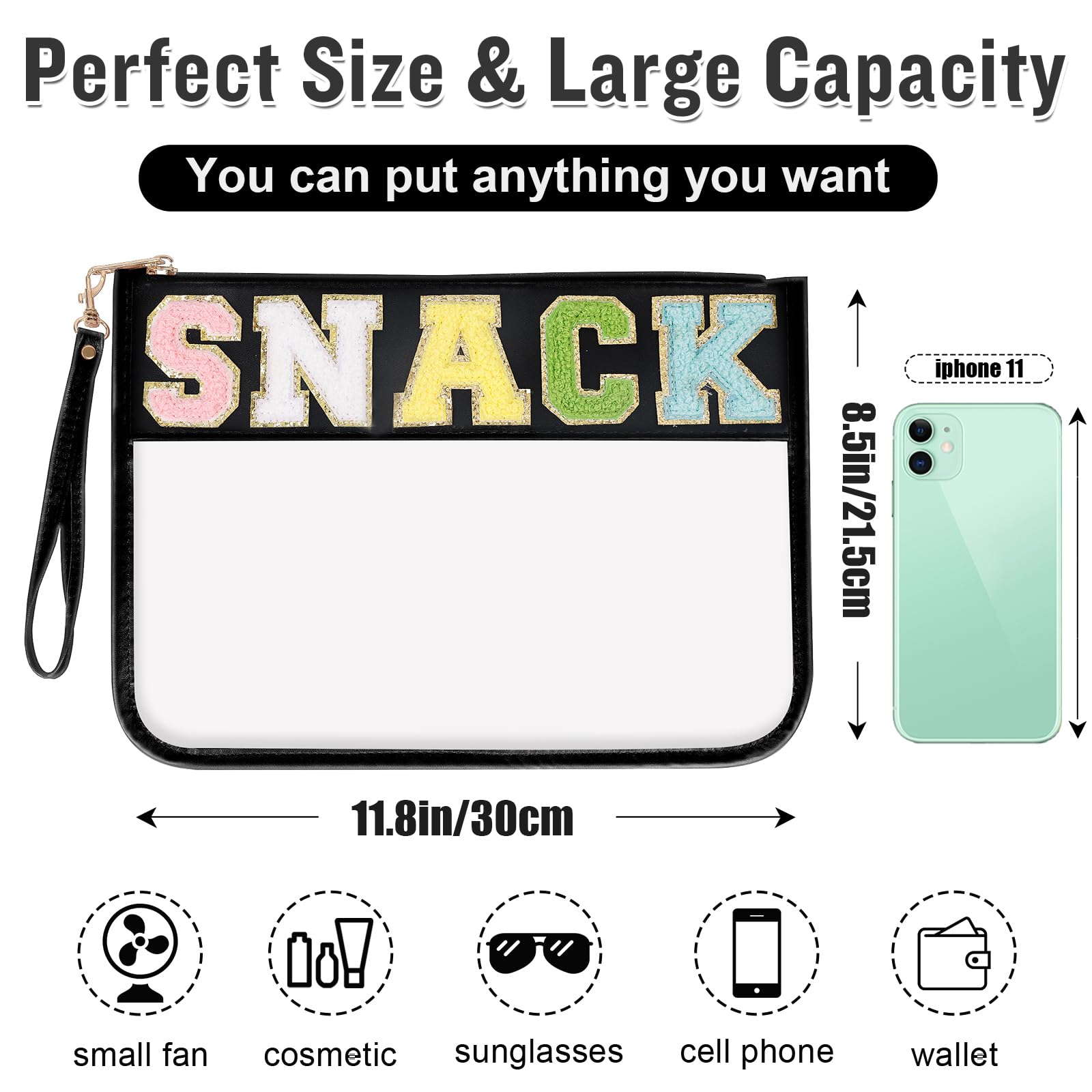 Monogrammed Chenille Letter Clear PVC & PU Zipper Pouch with Wristlet - Waterproof Glitter Snack Bag, Makeup Pouch & Toiletry Organizer for Women & Girls (Black) - Perfect for School Lunches, Beach Trips & Travel Accessories