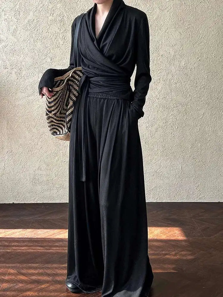 Elegant Women's Bandage T-Shirt & Wide Leg Pants Two-Piece Suit - V-Neck Long Sleeve Fashion Set for Spring/Autumn 2025 | Office Wear, Casual Outfits & Special Occasions