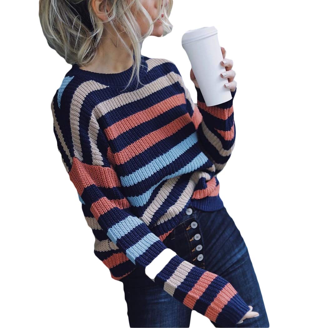 Women's Striped Knit Sweater - Long Sleeve Crewneck Pullover Jumper Top | Casual Loose Fit for Fall & Winter | Perfect for Office, Coffee Dates & Weekend Outings