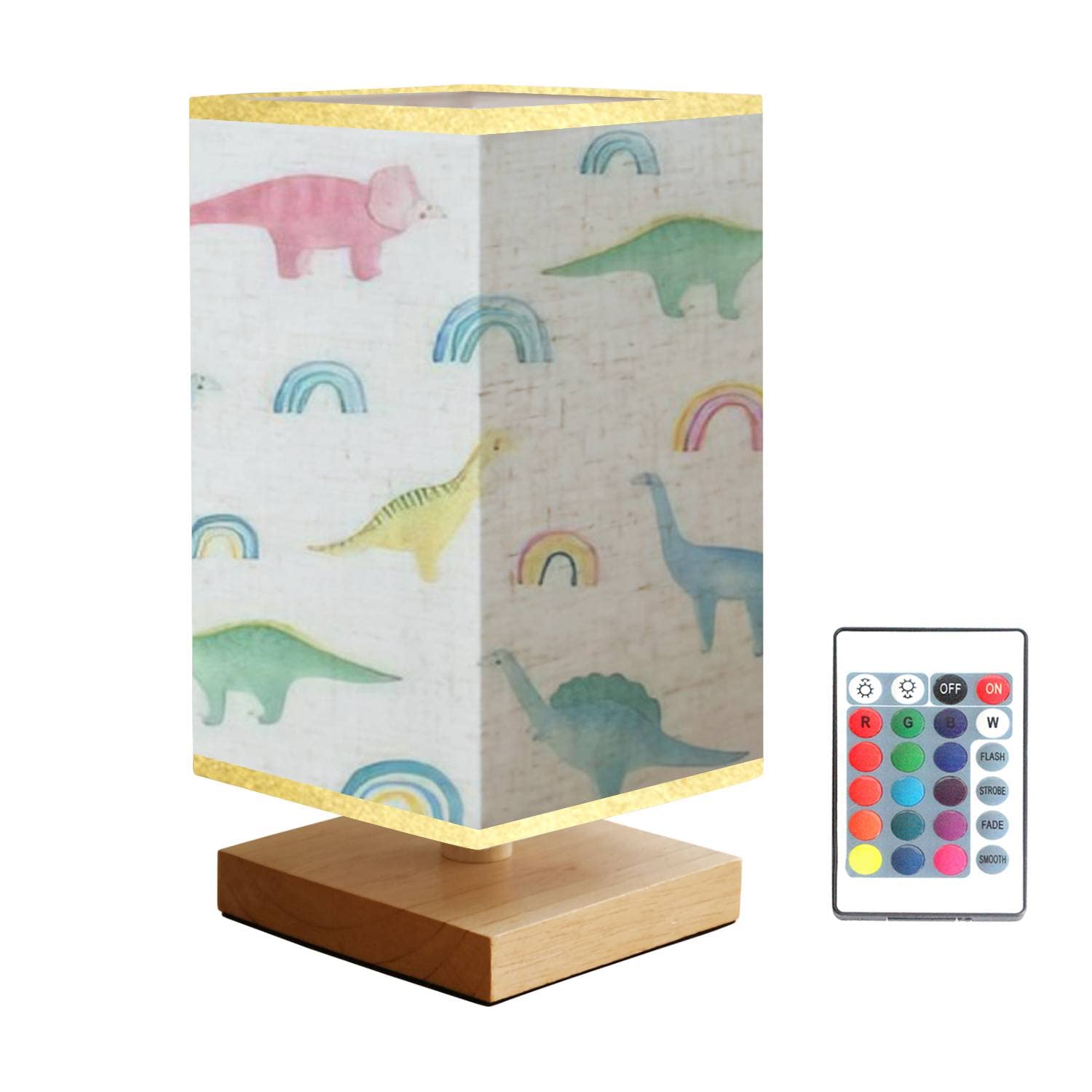 Dimmable Dinosaur Kids Nightstand Lamp - Wooden Base with Flaxen Fabric Shade, Square Bedside Table Light for Children's Room, Nursery, Bedroom & Living Room | Perfect Reading Light and Cozy Nightlight for Bedtime