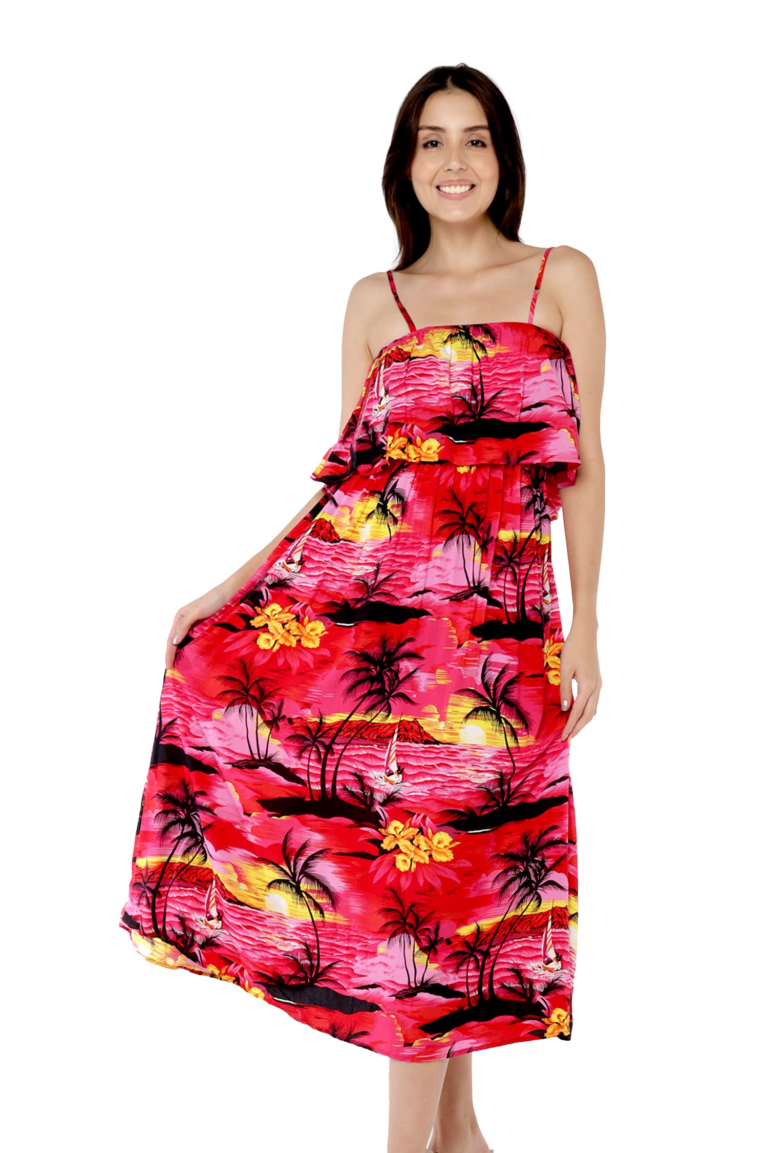 Women's Hawaiian Maxi Dress with Ruffle Hem - Tropical Hibiscus Floral Print - Perfect for Luau Parties, Beach Vacations & Summer Weddings
