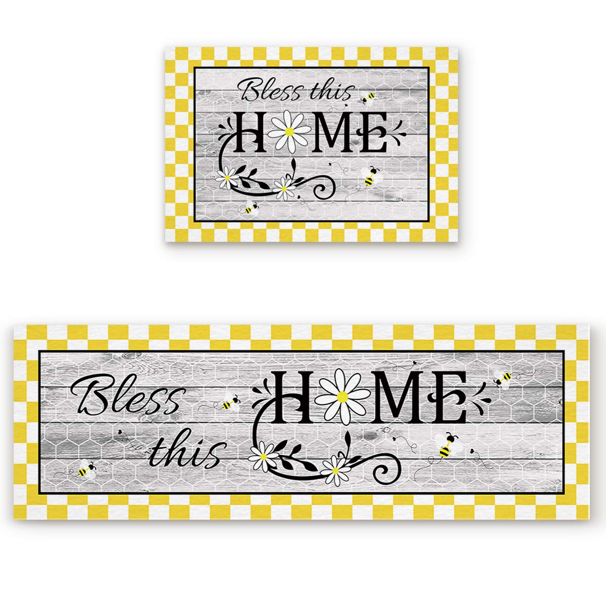 Vintage Wood Board Bees & Daisy Washable Kitchen Rugs Set of 2 - Non-Slip Rubber Backing Floor Mats for Indoor Use, Yellow Lattice Border - Perfect for Entryway, Laundry Room & Farmhouse Decor