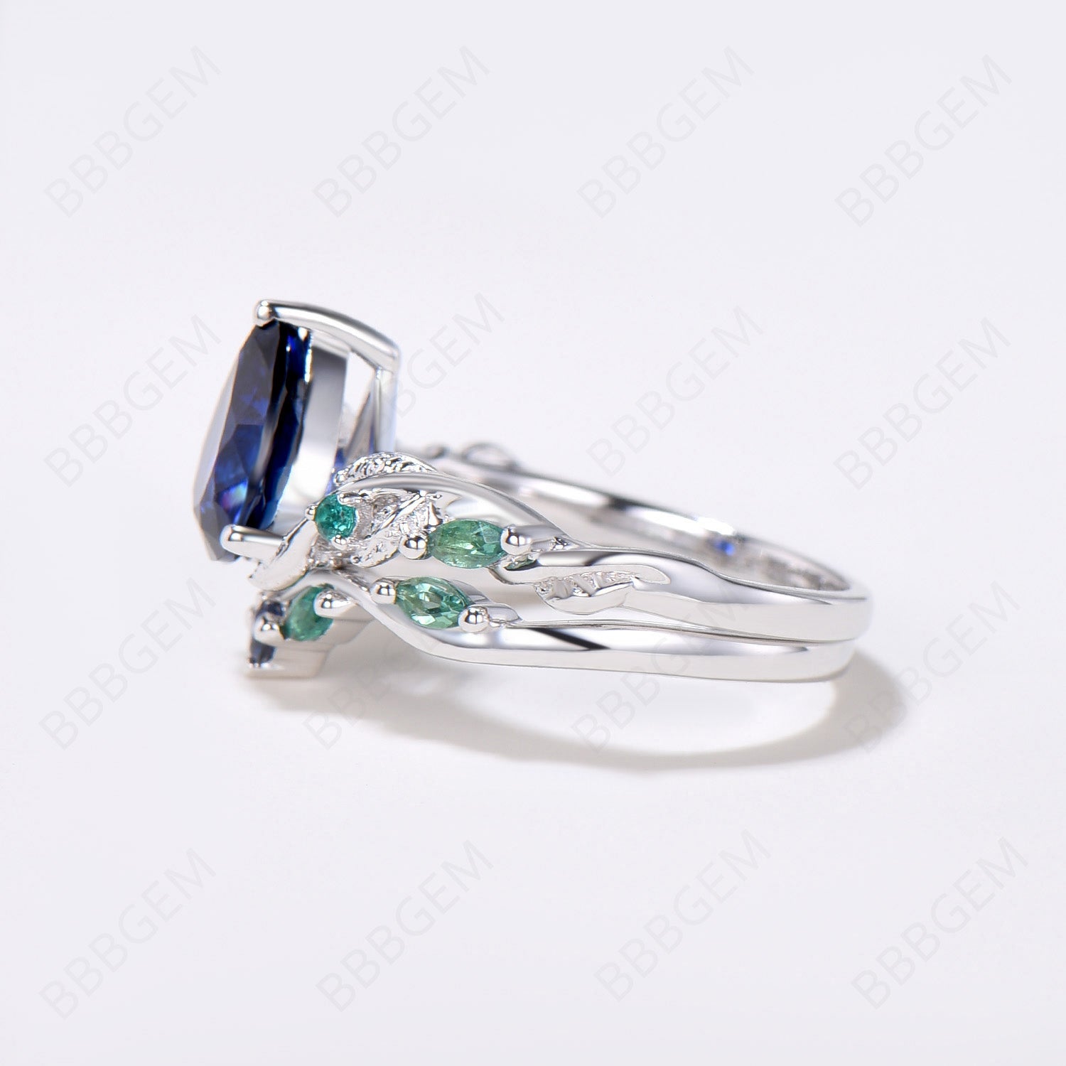 Vintage Nature Inspired Pear Blue Sapphire & Emerald Bridal Ring Set - Twig Leaf Vine Wedding Jewelry, September Birthstone Gift for Her - Perfect for Engagement, Anniversary & Special Occasions