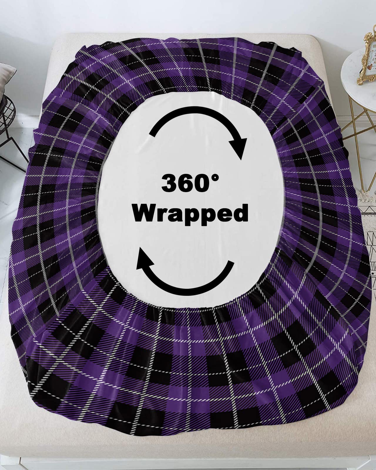 Halloween Black & Purple Buffalo Plaid Fitted Sheet - Full Size Deep Pocket (5-16