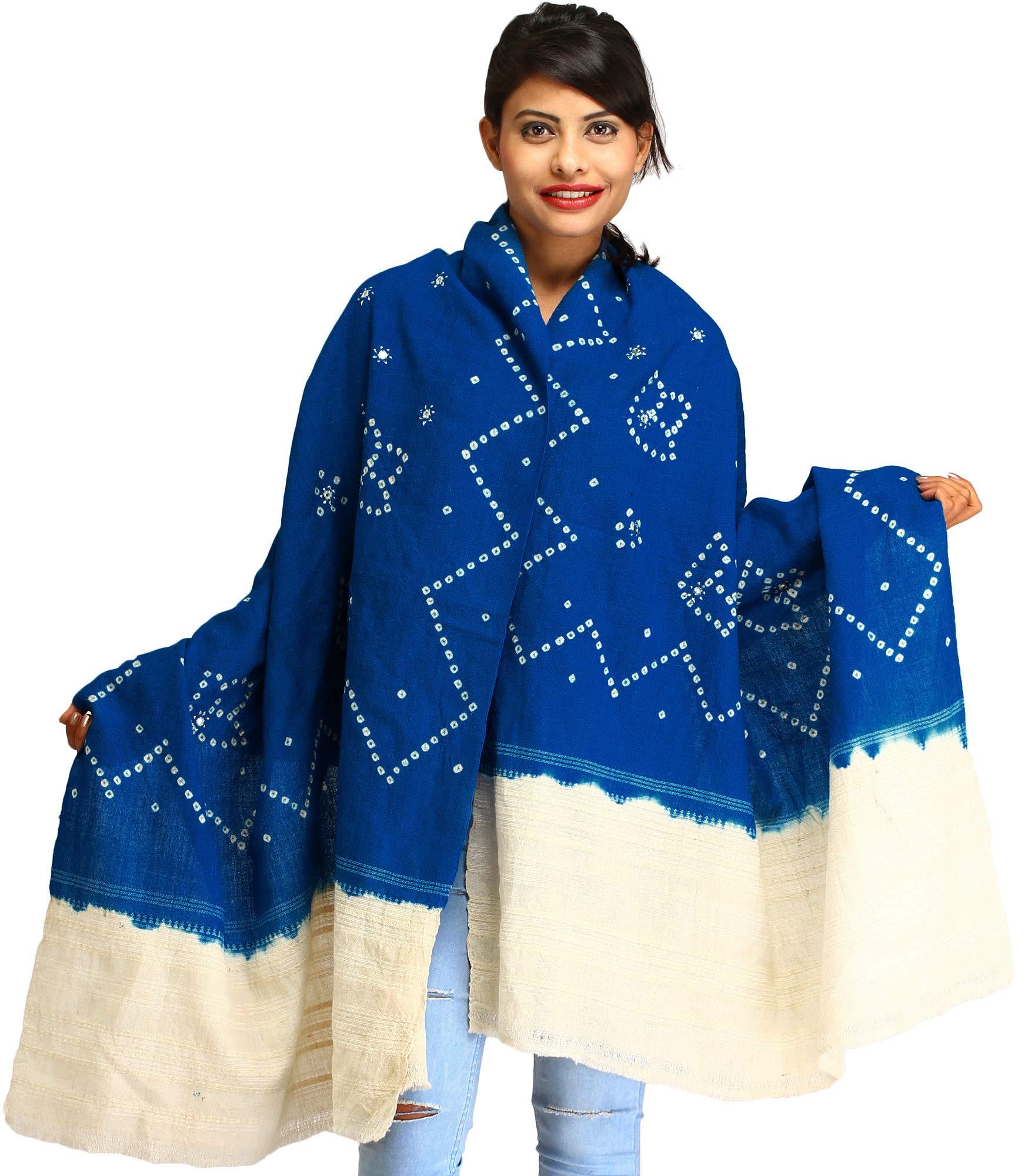 Exotic India Bandhani Tie-Dye Shawl with Embroidered Mirrors - Handmade in Gujarat - Perfect for Boho Fashion, Festivals & Home Decor
