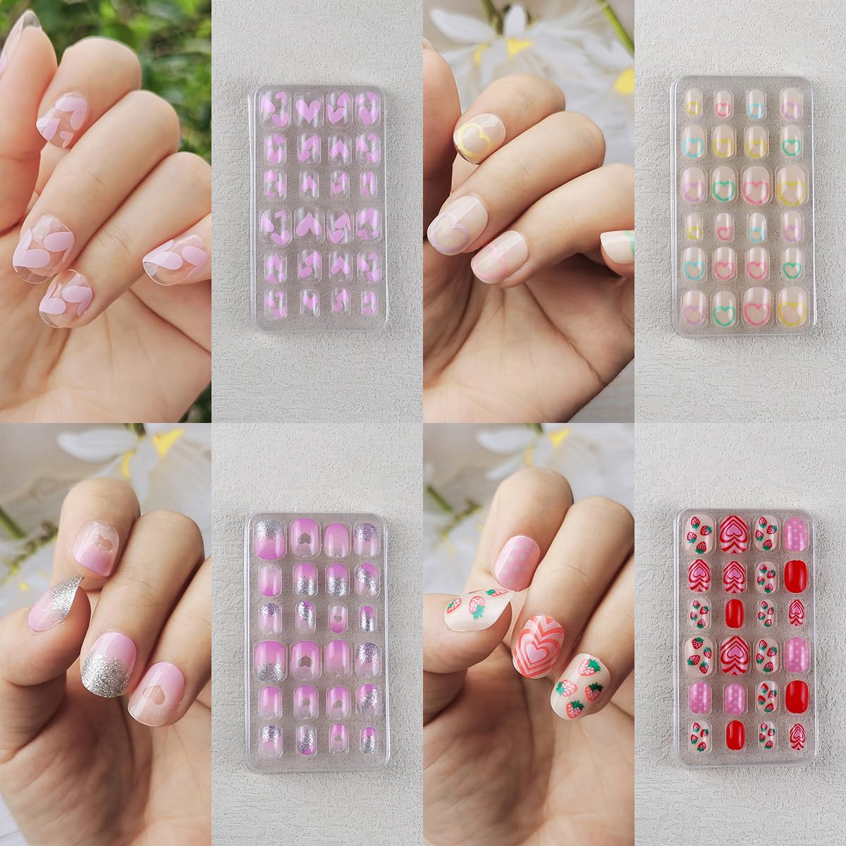 120-Piece Heart Pattern Press-On Fake Nails for Kids - Pre-Glued Short Oval Artificial Nails, Full Cover Acrylic Stick-On Nail Tips Kit for Little Girls - Perfect for Birthday Parties, Playdates & Dress-Up