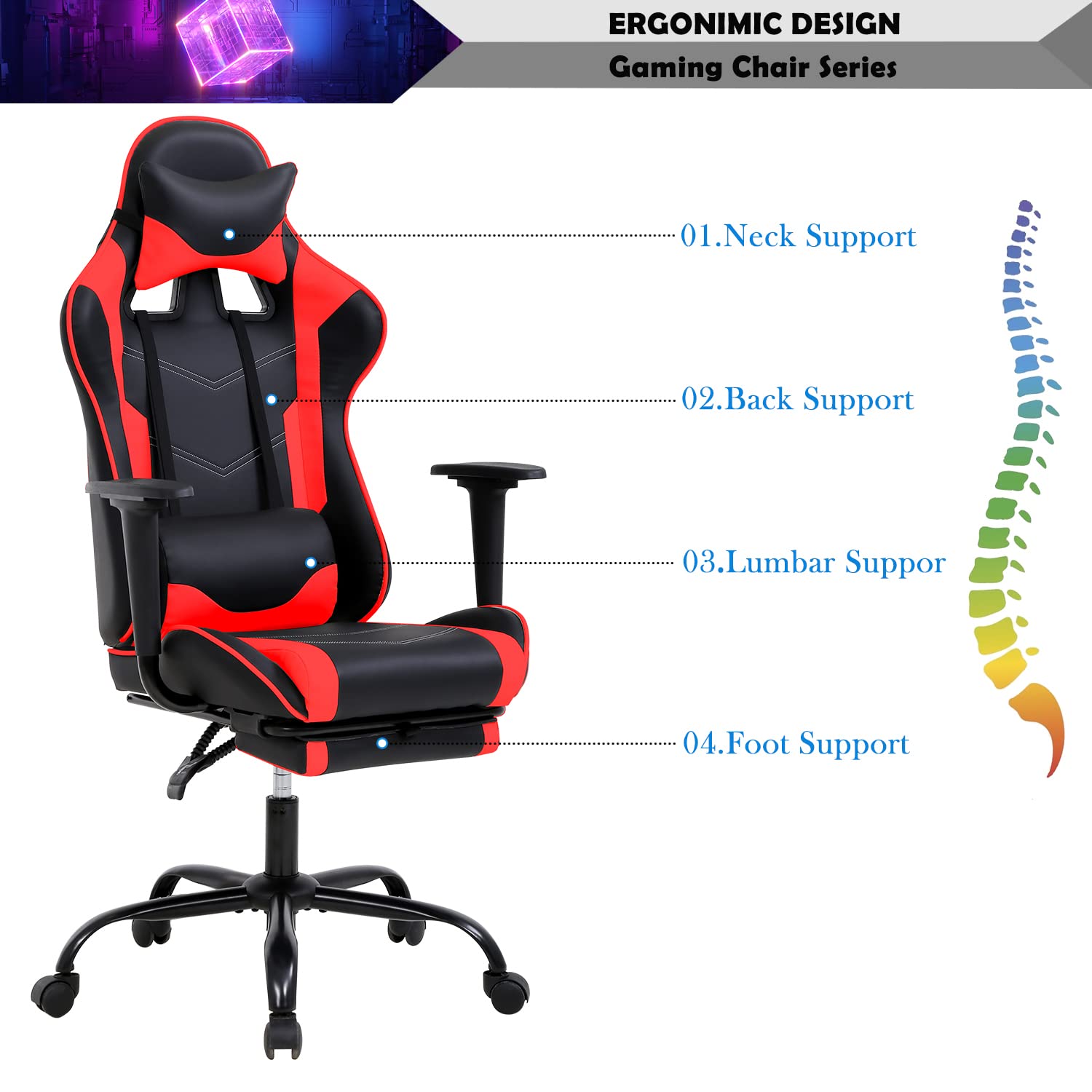 Premium Gaming Chair - Ergonomic Racing Style Office Computer Chair with Adjustable Headrest & Lumbar Support - High Back Recliner Video Game Chair for Adults & Kids (Red) - Perfect for Esports, Streaming & Home Office Setup