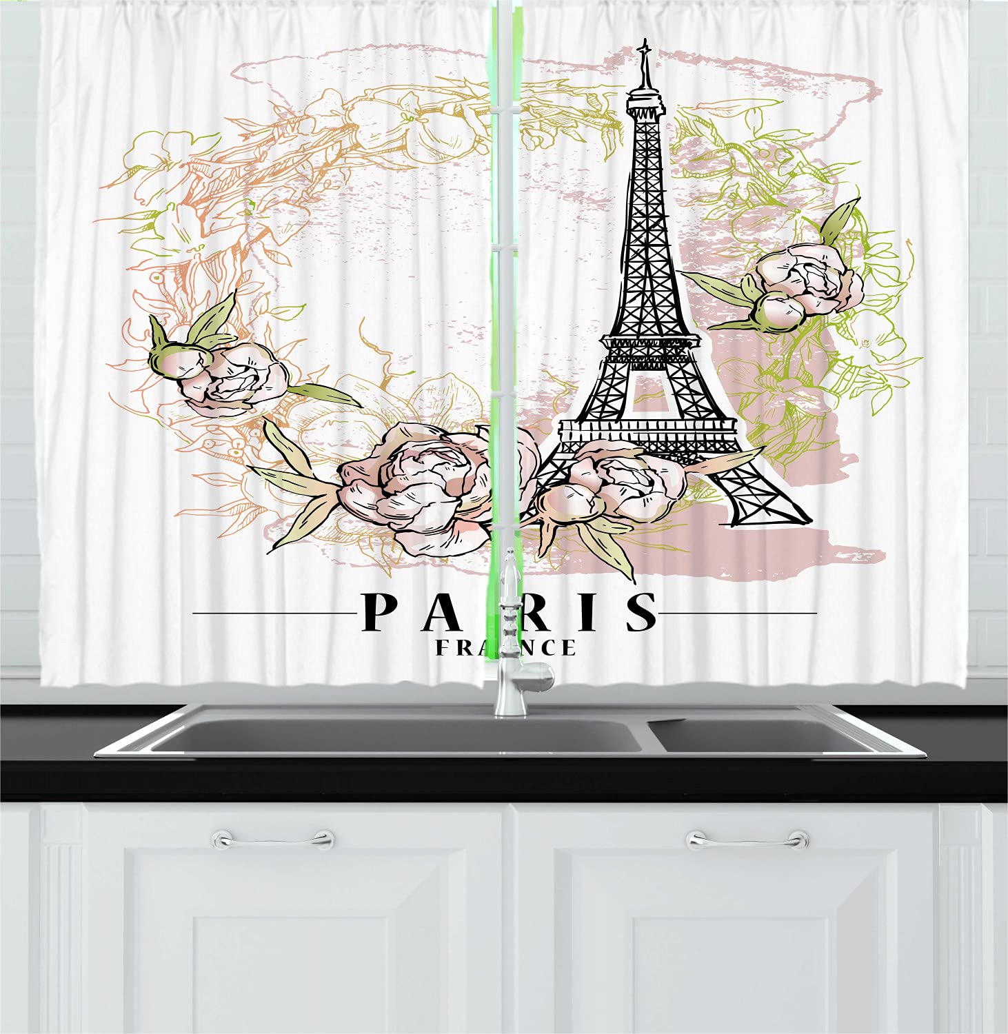 Ambesonne Paris Kitchen Curtains - Floral Eiffel Tower Design, 2 Panel Set for Window Drapes, 55