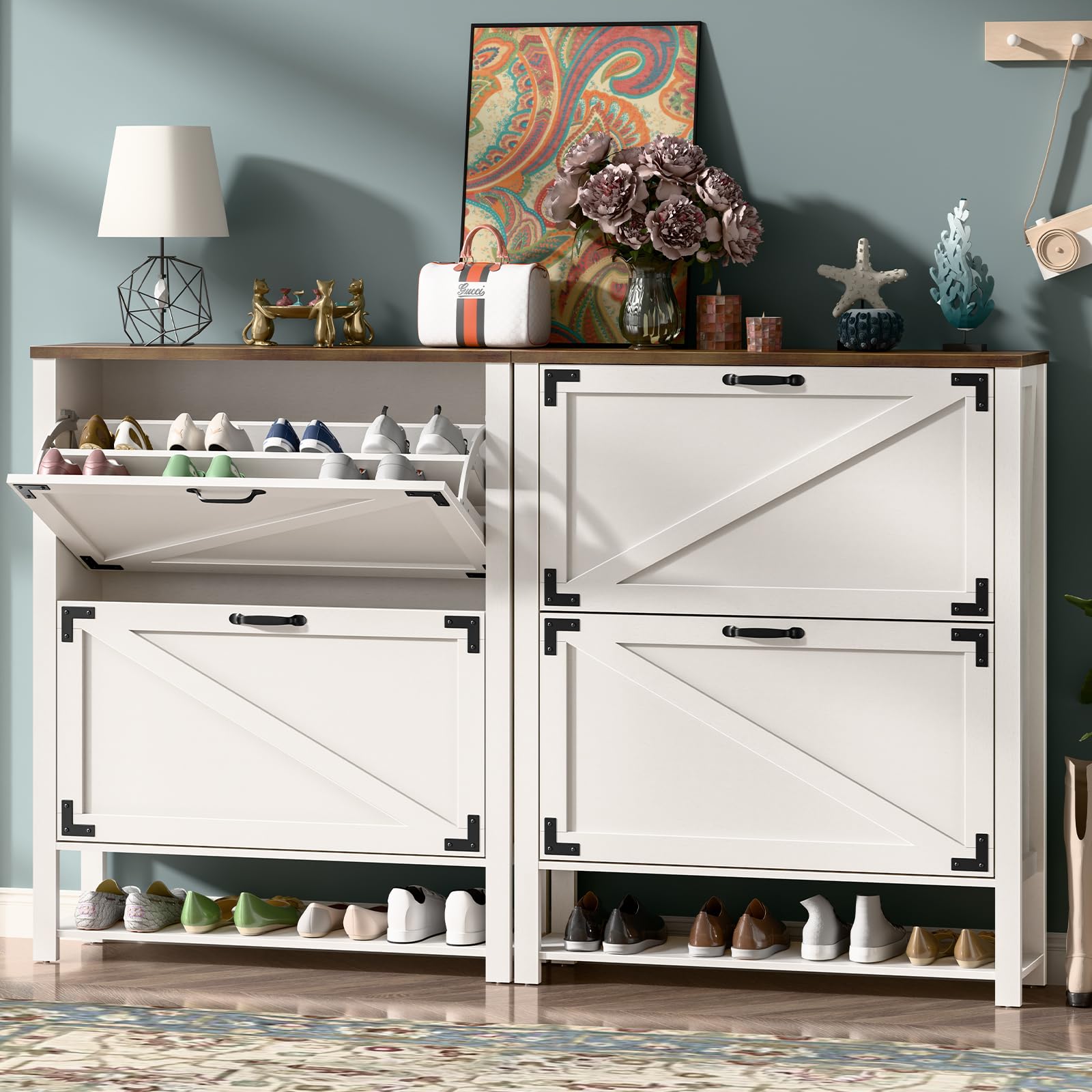 5-Tier Rustic White Shoe Cabinet with 2 Flip Drawers - Farmhouse Entryway Storage Organizer, Narrow Freestanding Wooden Shoe Rack for Hallway, Living Room & Bedroom Closet Organization
