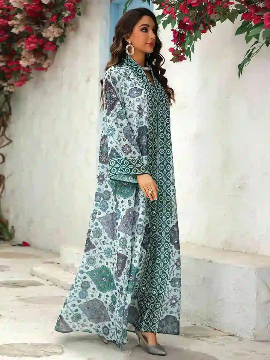 Elegant Chiffon Printed Eid Dress Caftan Kaftan for Women - Flowy Long Sleeve Maxi Dress with V-Neck - Perfect for Eid Celebrations, Weddings & Special Occasions