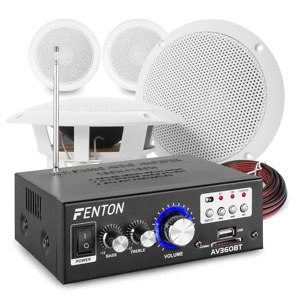 Premium Bluetooth Ceiling Speaker System with Built-in Amplifier, FM Radio & USB MP3 Player - 4 MS40 Speakers for Home Theater, Hi-Fi Audio, Cafe, Restaurant & Retail Store Installation