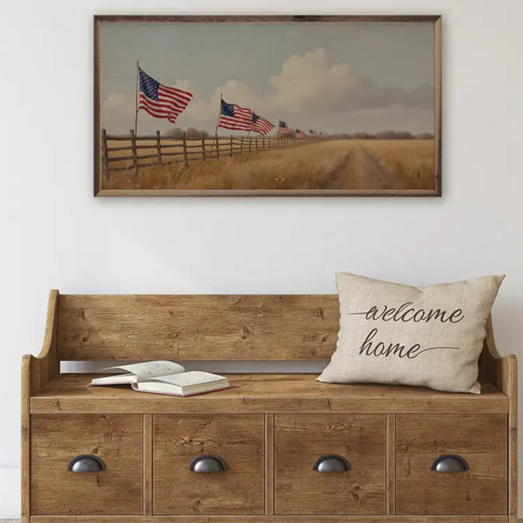 Flags On Fenceline Wood Framed Print - Rustic Farmhouse Wall Art Decor for Living Room, Bedroom & Office