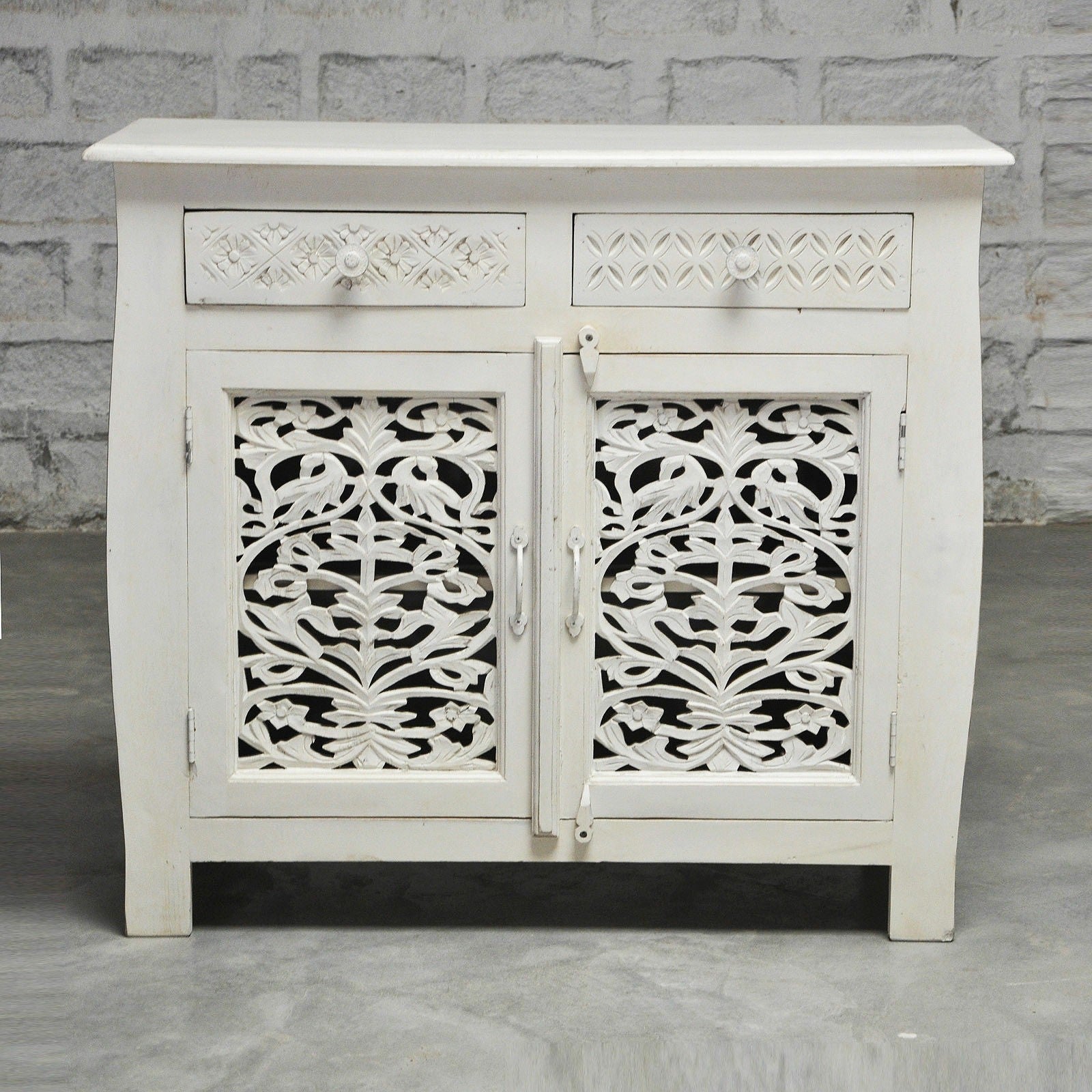 French Colonial Solid Wood Jali Carved Sideboard - White Vintage Buffet Cabinet for Dining Room, Living Room & Entryway Storage