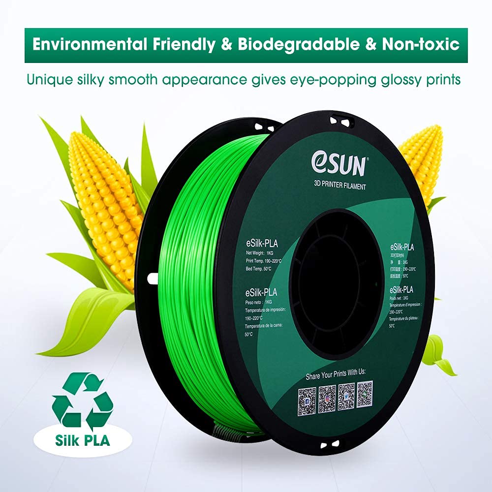 eSUN Silk PLA 3D Printer Filament 1.75mm - High Precision +/- 0.03mm, 1kg Spool, Vibrant Green - Perfect for 3D Printing Models, DIY Crafts, and Cosplay Props
