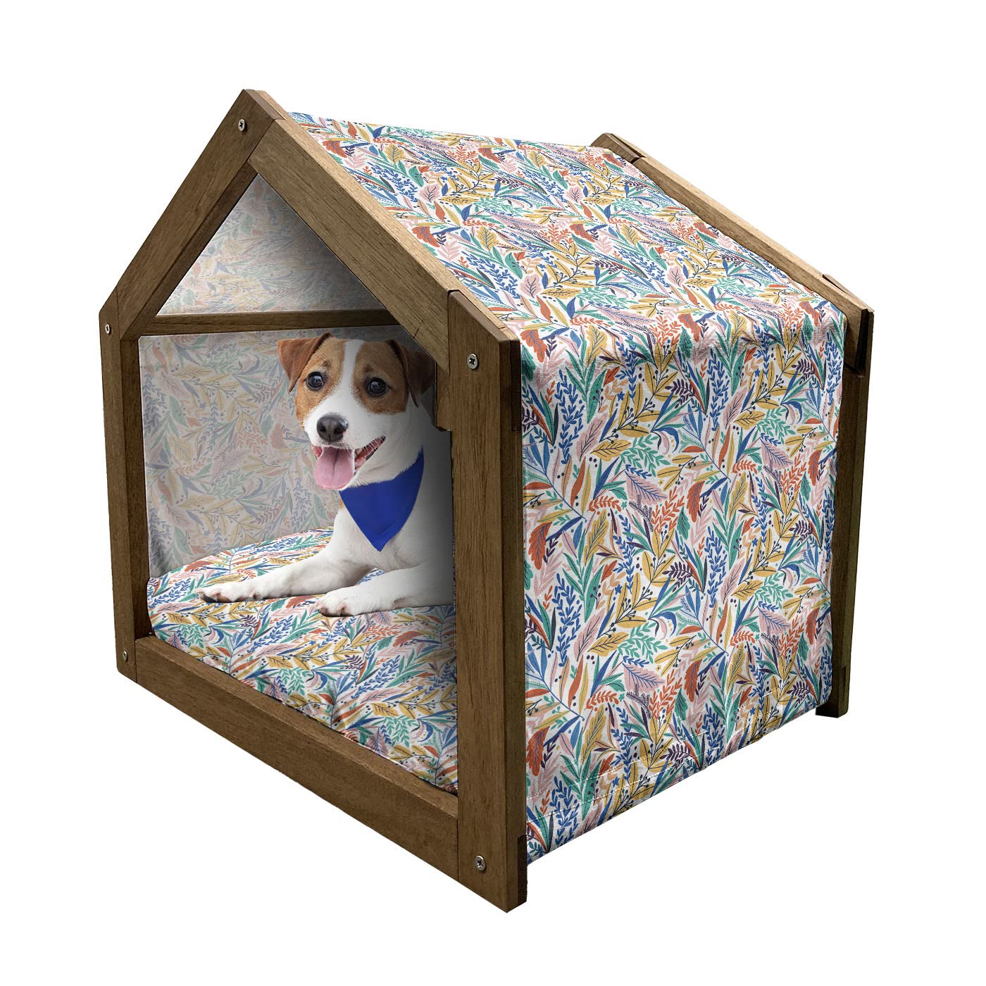 Ambesonne Colorful Wooden Dog House - Tropical Jungle Doodle Design with Dots, Indoor & Outdoor Portable Pet Kennel with Pillow & Cover for Small Dogs | Perfect for Backyard, Patio, or Travel Use