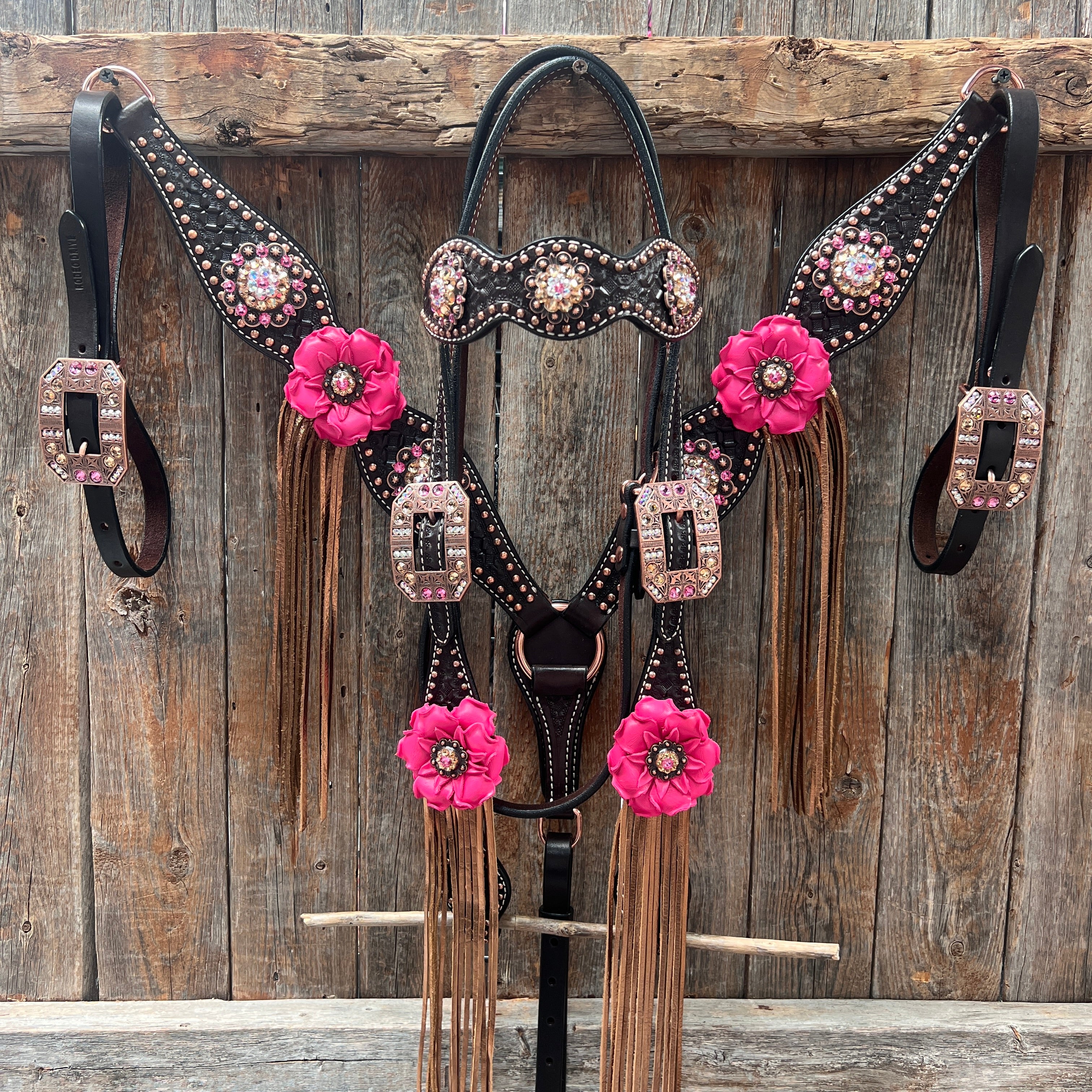 Premium Dark Oil Honeycomb Copper Dot Browband & Breastcollar Tack Set - Elegant Copper Pink & Champagne Equestrian Gear for Dressage & Show Jumping | BBBC614