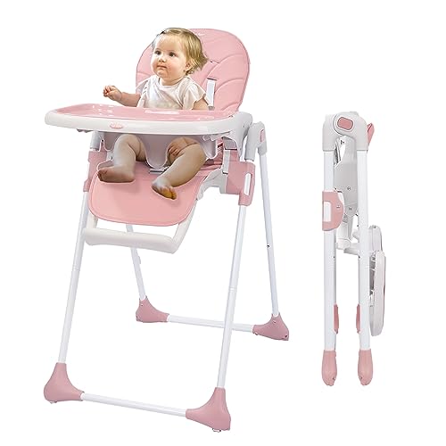 **Foldable Baby High Chair with Adjustable Backrest & 5-Point Harness - Convertible Highchair for Toddlers, Double Removable Tray & Detachable PU Leather Cushion (Pink) - Perfect for Dining, Feeding & Playtime**