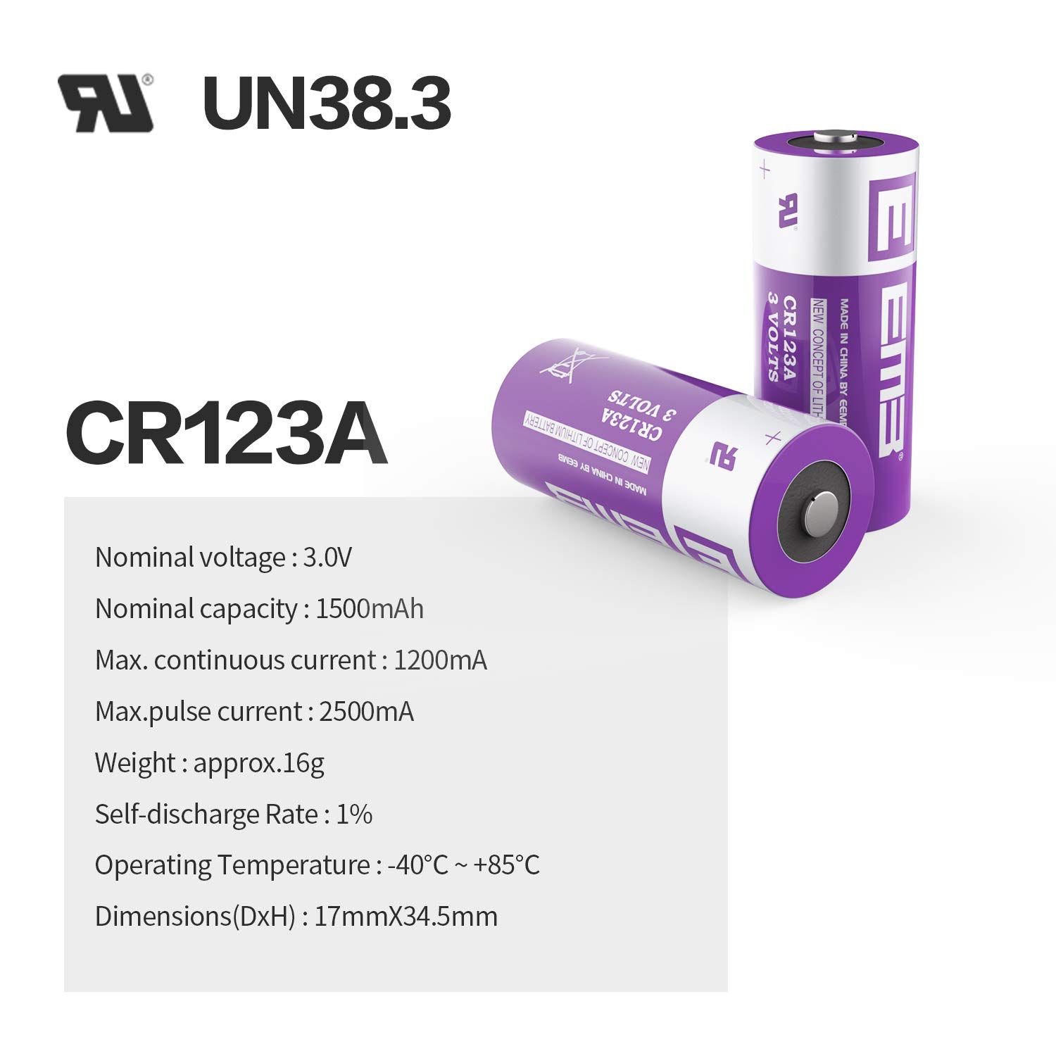 EEMB CR123A 3V 1700mAh Lithium Batteries - High Capacity Non-Rechargeable Battery for Flashlights, Toys, Alarm Systems & Security Devices (Pack of 100) - Perfect for Emergency Kits, Camping Gear & Home Safety Equipment