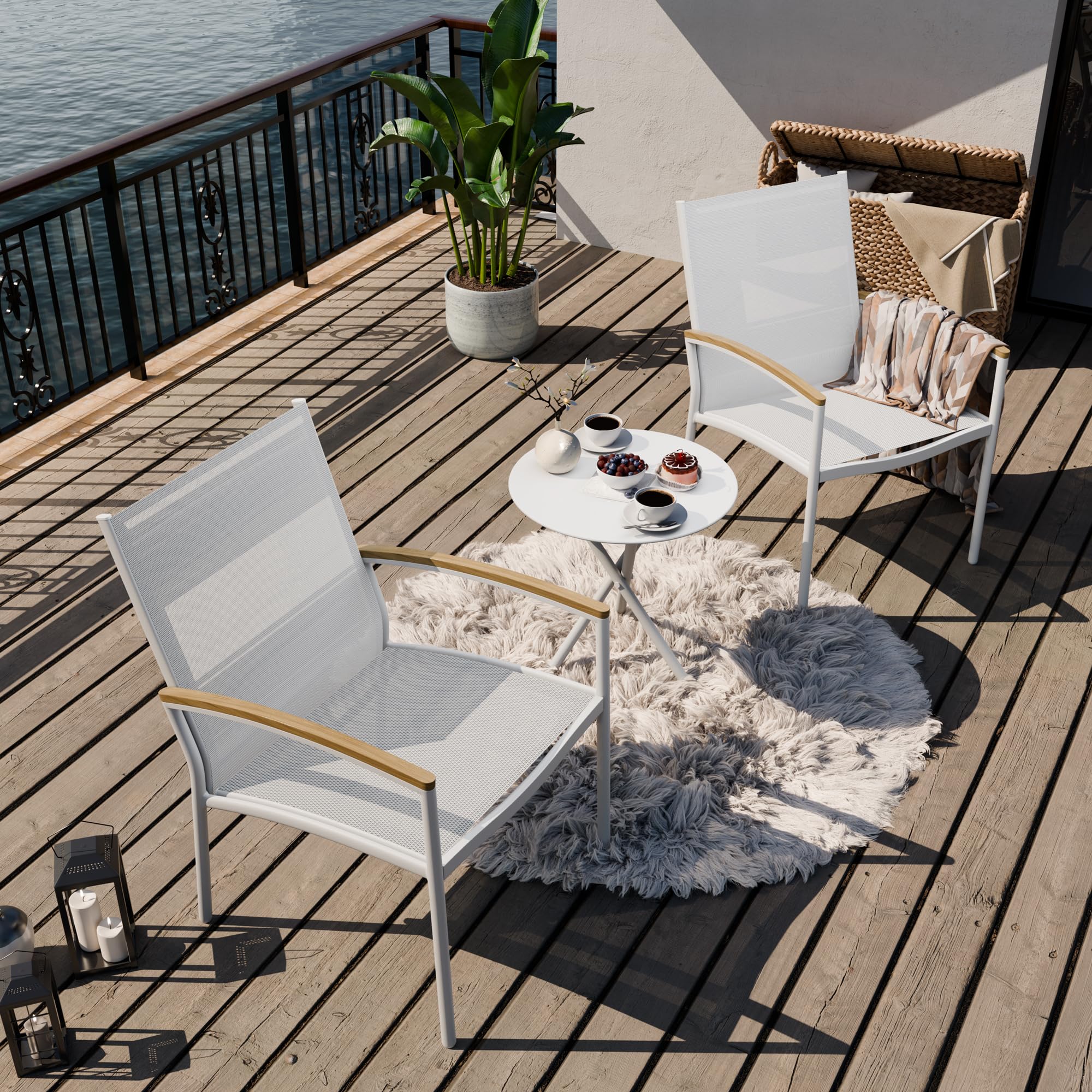 SUNLEI 3-Piece Outdoor Patio Bistro Set - Black Metal Chairs & Coffee Table Conversation Set for Garden, Balcony, or Backyard (Non-Rocking, White Finish) - Perfect for Relaxing, Entertaining, and Outdoor Dining