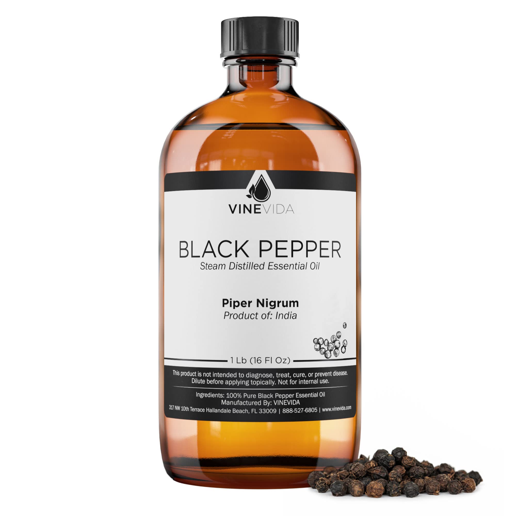 Premium 100% Pure Black Pepper Essential Oil - 16oz (1 Pound) Undiluted Therapeutic Grade in Glass Bottle - Bulk Size for DIY Soaps, Candles, Aromatherapy & Massage Blends - VINEVIDA - Perfect for Relaxation, Stress Relief & Home Spa Treatments