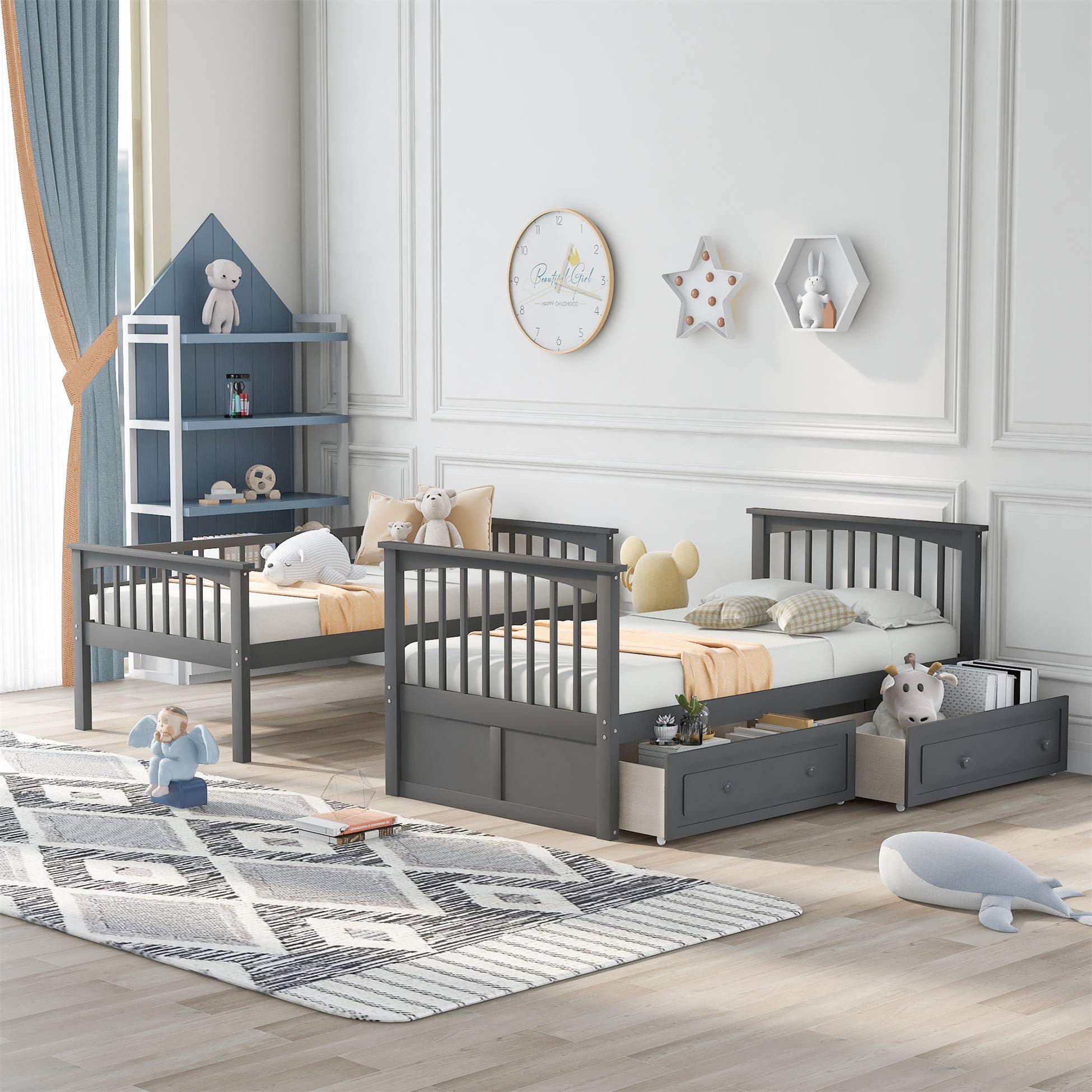 Harper & Bright Designs Twin Over Twin Bunk Bed with Storage Drawers, Solid Wood Bunk Bed Frame in Gray - Perfect for Kids' Bedroom, Guest Room & Space-Saving Solutions