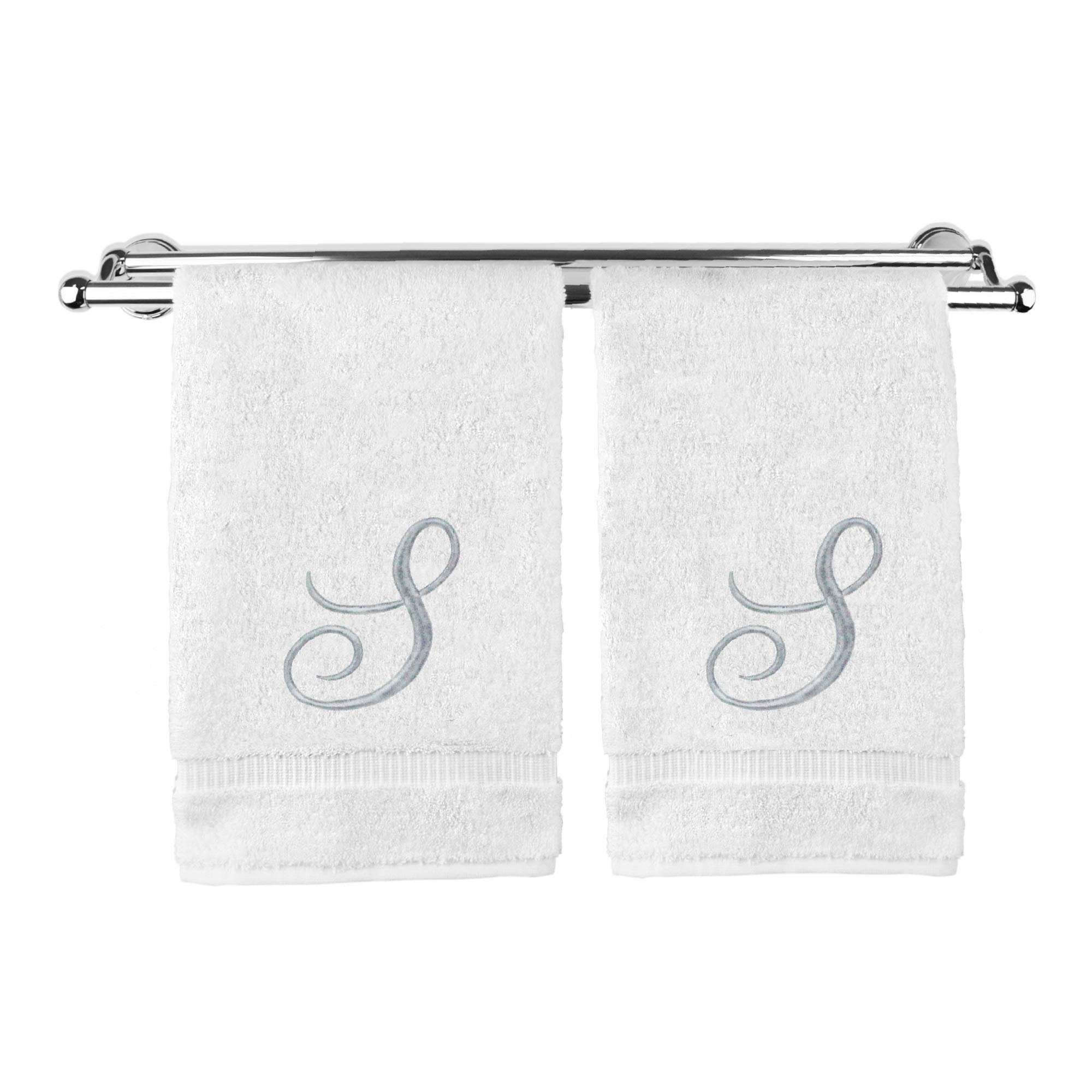 Personalized Monogrammed Hand Towel Set of 2 - 16x30 Inch Silver Embroidered Bath & Kitchen Towels - 100% Turkish Cotton, Ultra Absorbent & Soft Terry Finish - Perfect for Bathroom, Spa, Wedding Gifts & Housewarming Presents