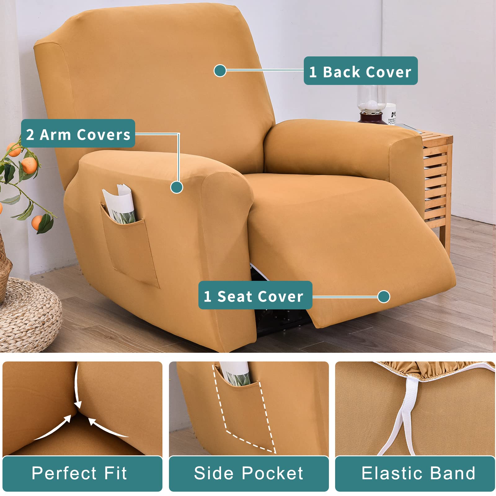 NILUOH 4-Piece Stretch Recliner Cover - Universal Fit for Electric Power Lift Recliner Chairs & Reclining Couches | Anti-Slip Fitted Furniture Protector with Side Pockets | Perfect for Living Room, Home Theater & Nursing Care