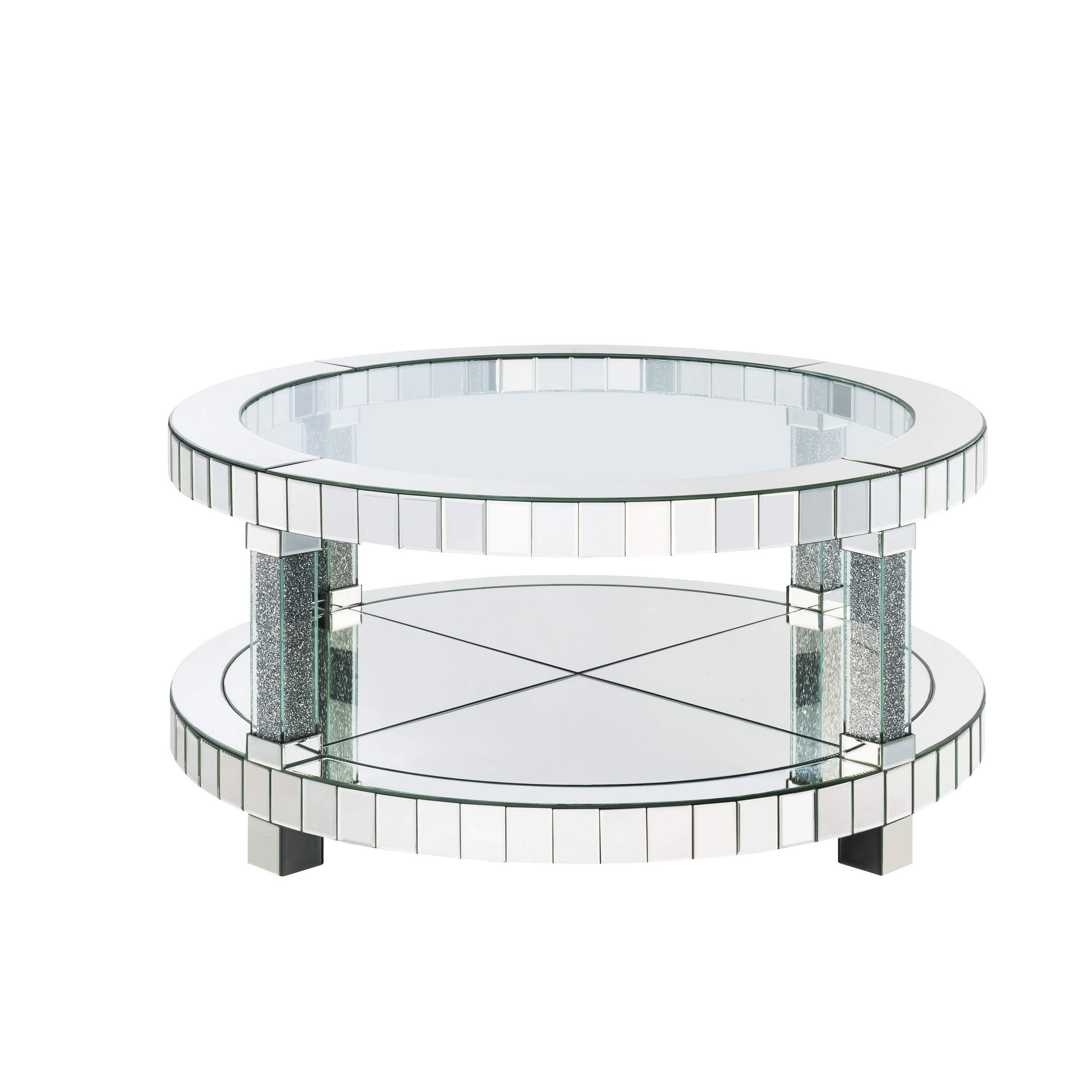 Benjara Silver Round Mirrored Coffee Table with Faux Diamond Accents and Bottom Storage Shelf - Perfect for Living Room, Lounge & Modern Home Decor