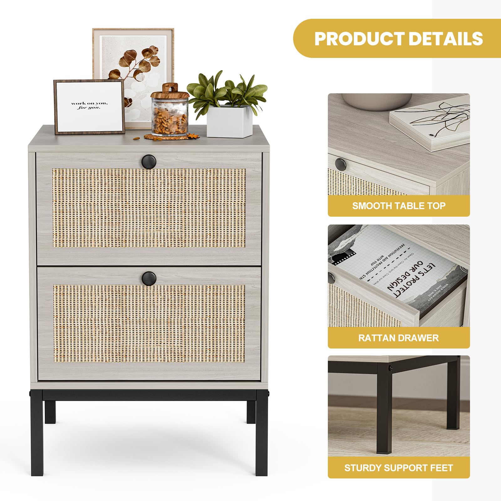 IKIFLY Rattan Nightstand Set of 2 - Handmade Natural Rattan Side Tables with 2 Drawers, Oak Grey Bedside End Tables with Storage for Bedroom, Living Room - Perfect for Small Spaces, Guest Rooms & Apartment Decor