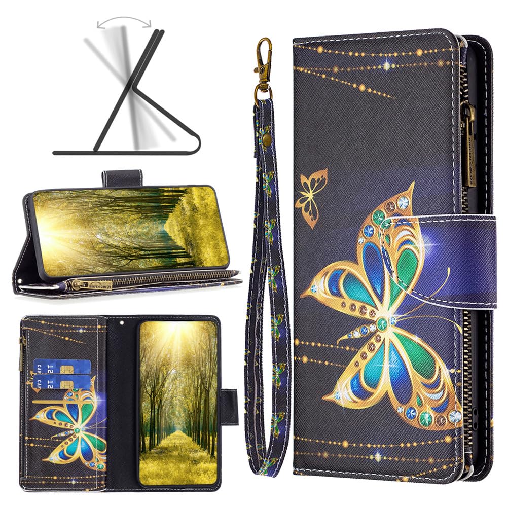 XYX Wallet Case for Samsung Galaxy A03s - PU Leather Flip Cover with Zipper, 9 Card Slots & Wrist Strap | Big Butterfly Design | Perfect for Daily Use, Travel & Hands-Free Convenience