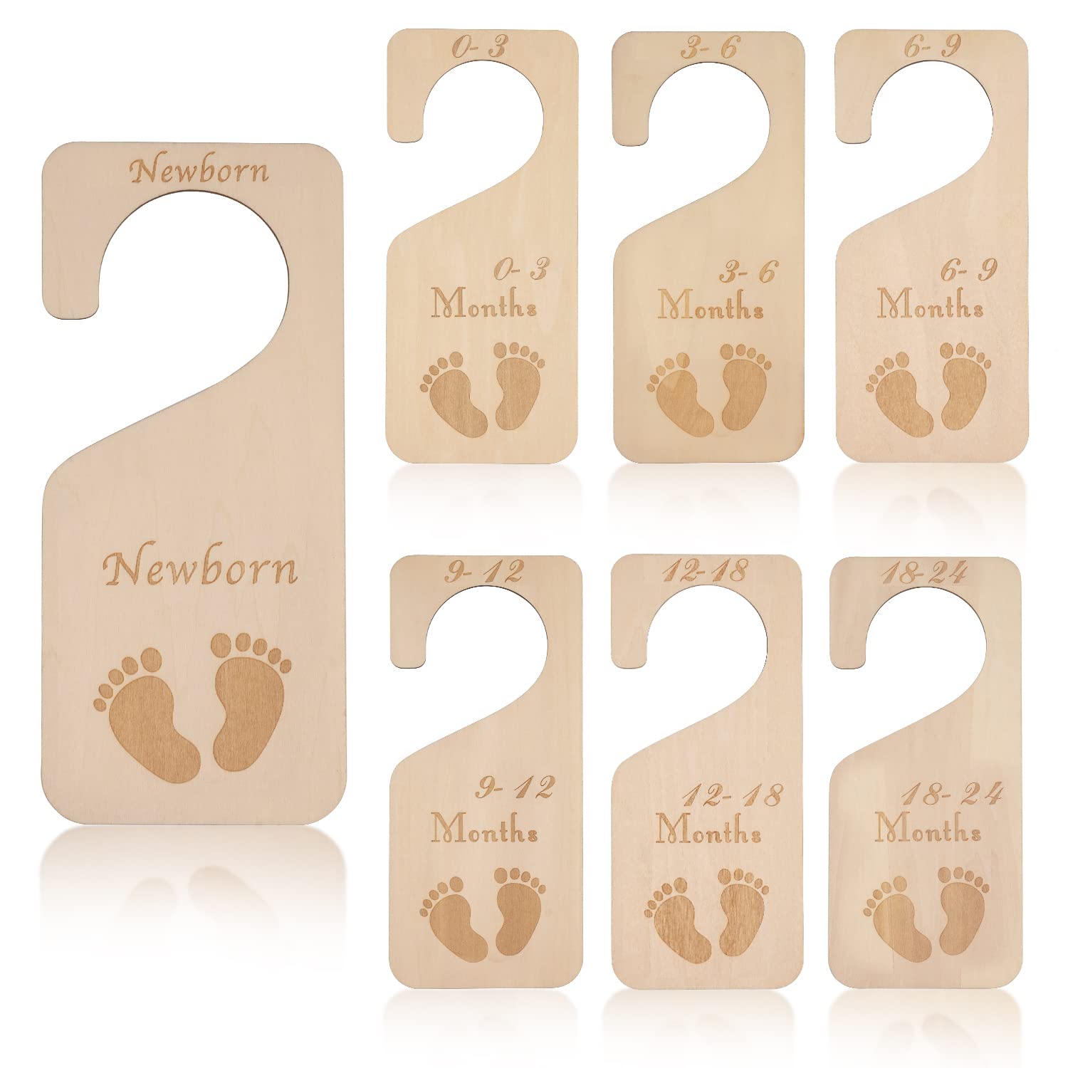 SAVITA 7-Piece Wooden Baby Closet Organizer Dividers - Newborn to 24 Months Nursery Hangers for Boys & Girls - Infant Wardrobe Organizer with Footprint Design - Perfect for Nursery Closet Organization & Baby Clothes Storage
