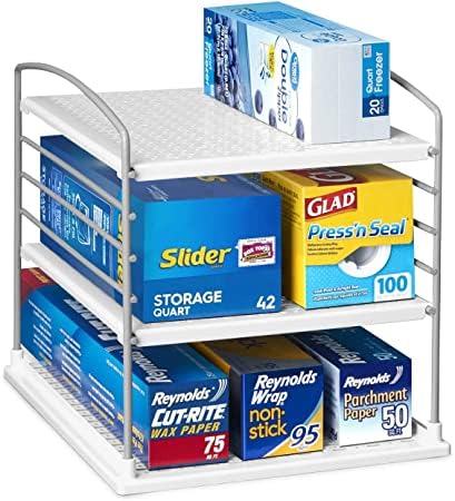 Expandable 3-Tier Plastic Foil Organizer - Stackable Kitchen Cabinet Shelf, Adjustable Wrap Storage Box & Pantry Rack for Countertop - Perfect for Organizing Aluminum Foil, Plastic Wrap, Wax Paper & Ziploc Bags in Kitchen & Pantry