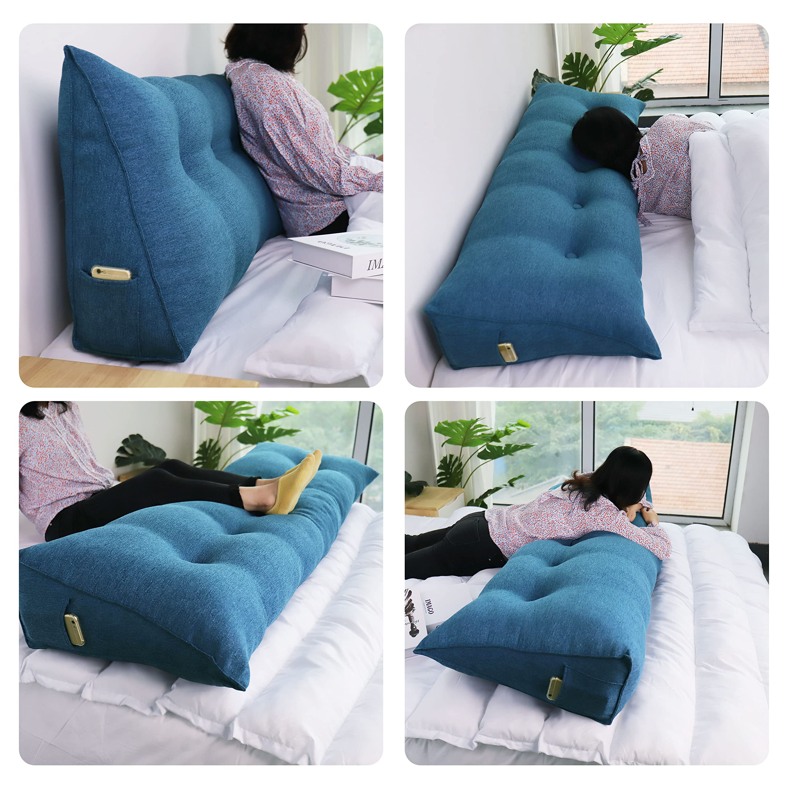 Triangular Headboard Wedge Pillow - Linen Blue Twin Size for Daybeds, Bed Rest & Reading Support - Ergonomic Lumbar Positioning & Gap Filler Cushion | Perfect for Back Support, Reading in Bed & Sofa Lounging