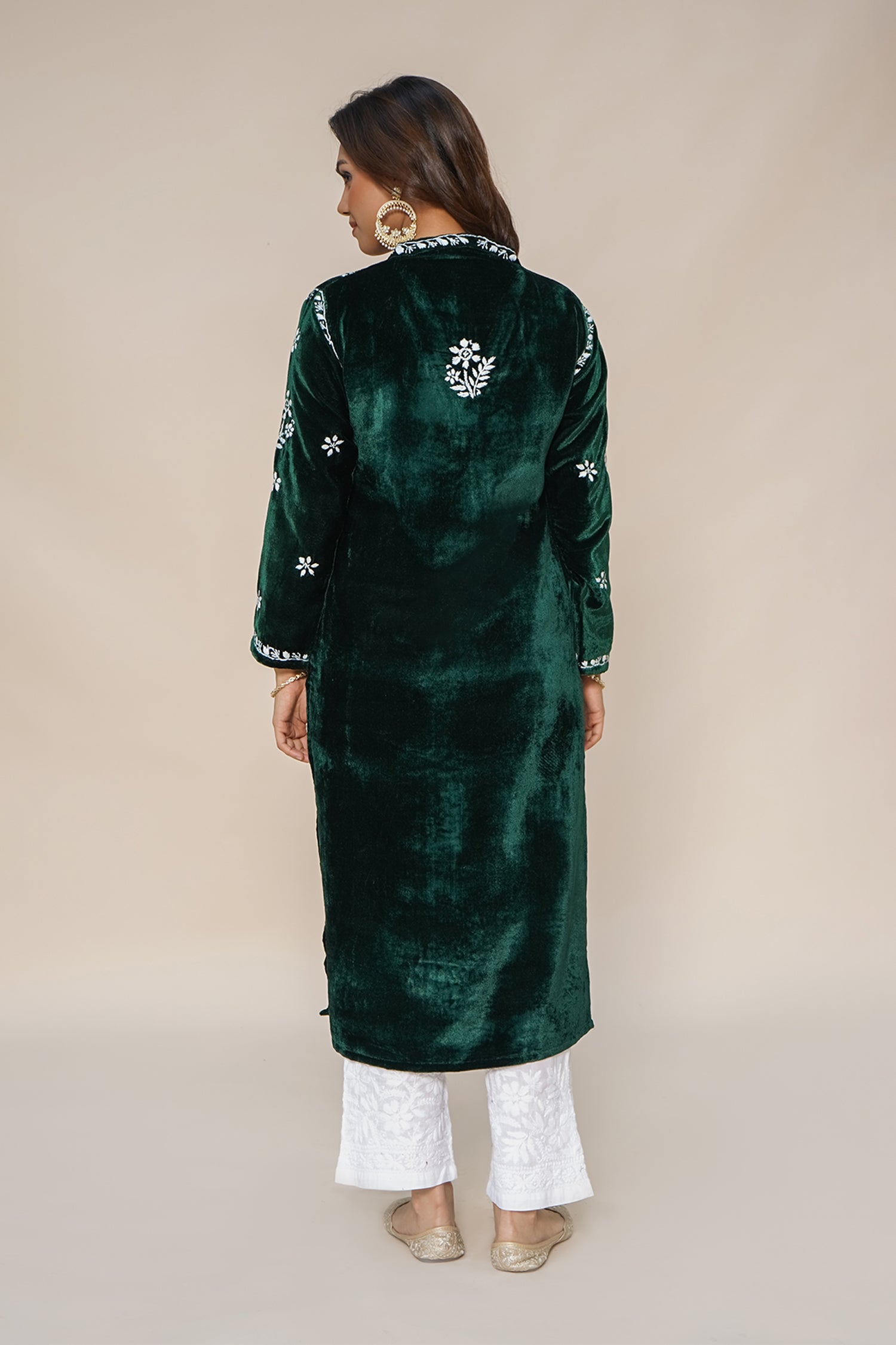 Elegant Green Velvet Chikankari Long Kurta for Women | Traditional Indian Embroidered Tunic | Perfect for Festivals, Weddings & Special Occasions