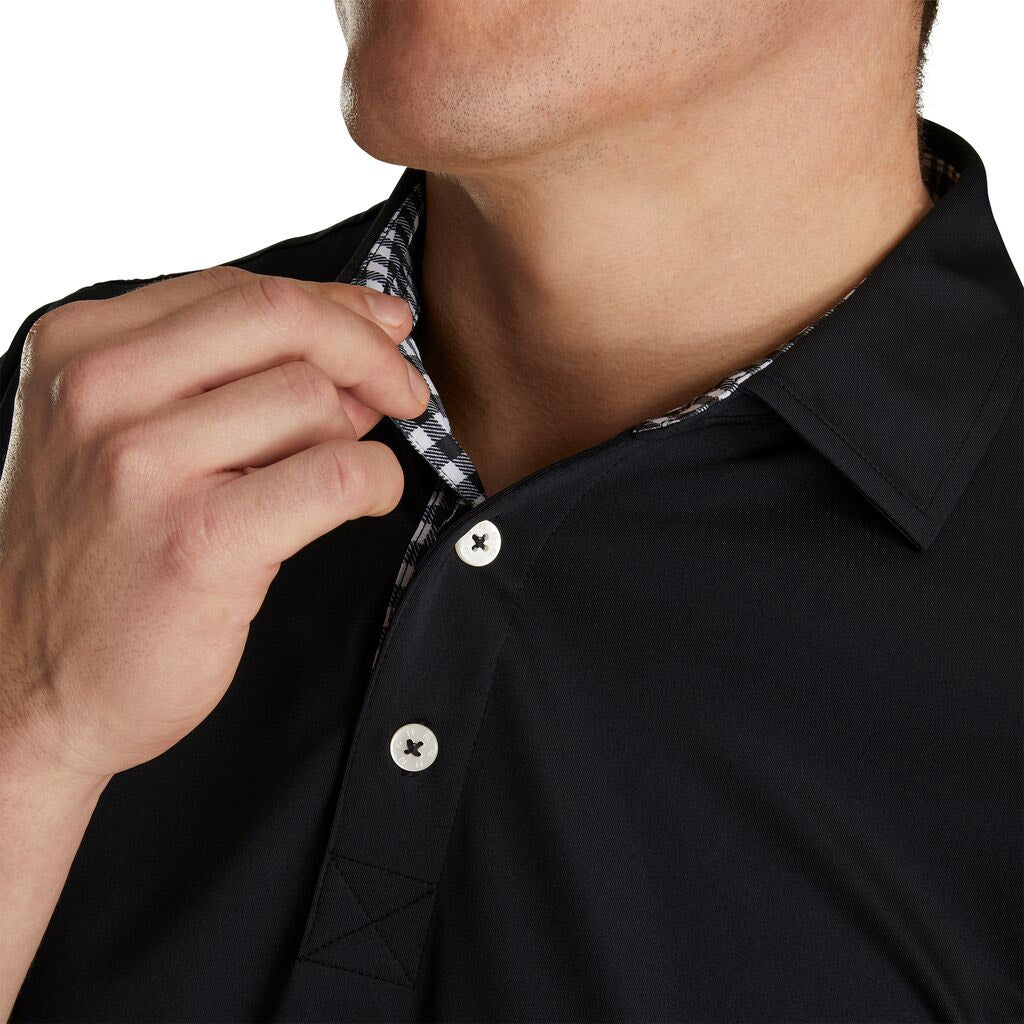 FootJoy Athletic Fit Lisle Solid Gingham Trim Self Collar Black Men's Golf Polo Shirt - Moisture Wicking & UV Protection for Golf & Outdoor Sports