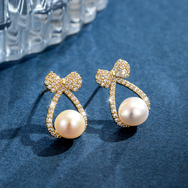 Classic Pearl Bow Ribbon Stud Earrings for Women | Elegant Dainty Jewelry Gift for Her | Perfect for Weddings, Parties & Everyday Wear (D3006)