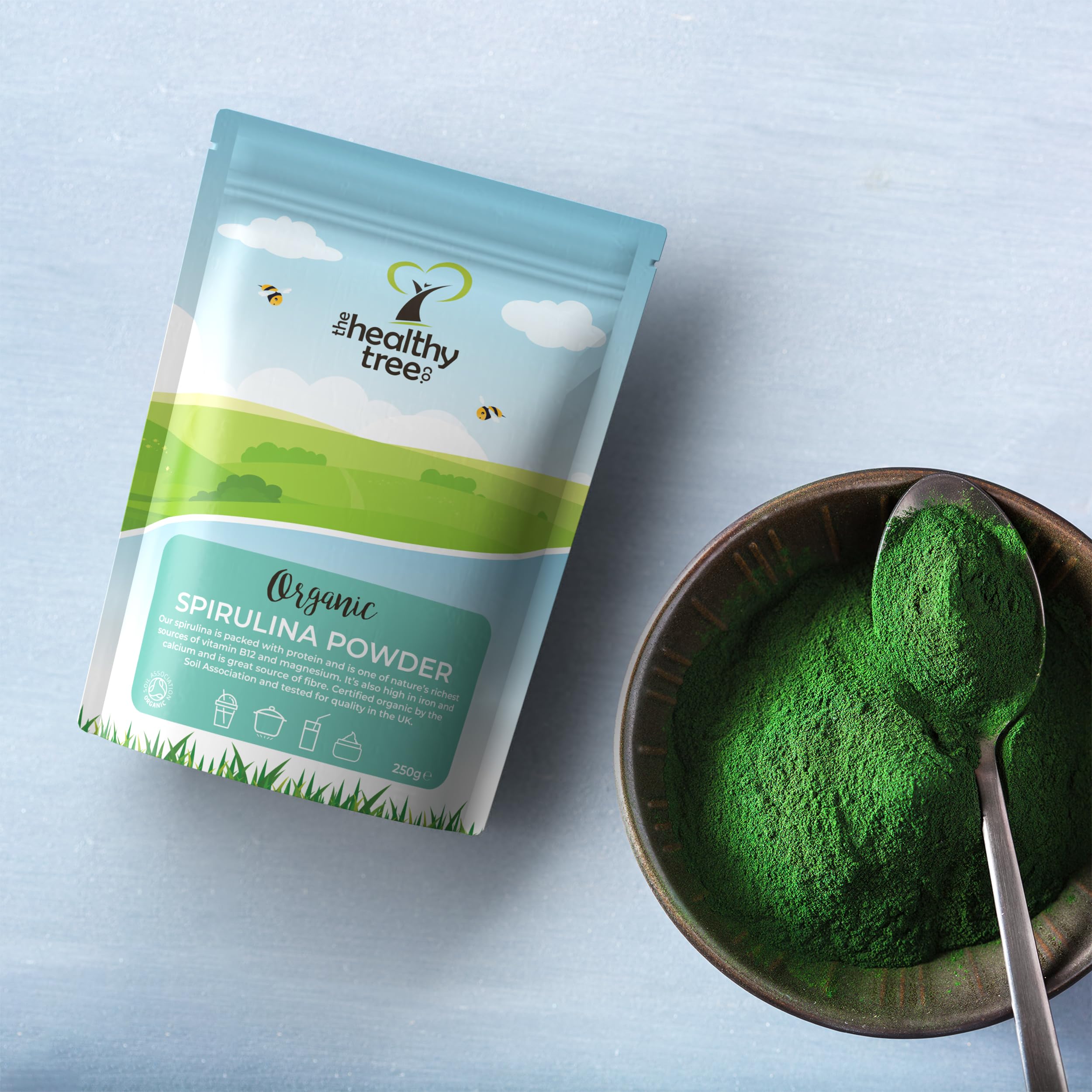 Organic Spirulina Powder by TheHealthyTree Company - Vegan Superfood for Smoothies & Juices | Rich in Vitamin B12, Protein, Iron & Calcium | UK Certified Pure Spirulina Supplement (250g) | Perfect for Detox, Energy Boosts & Healthy Lifestyle