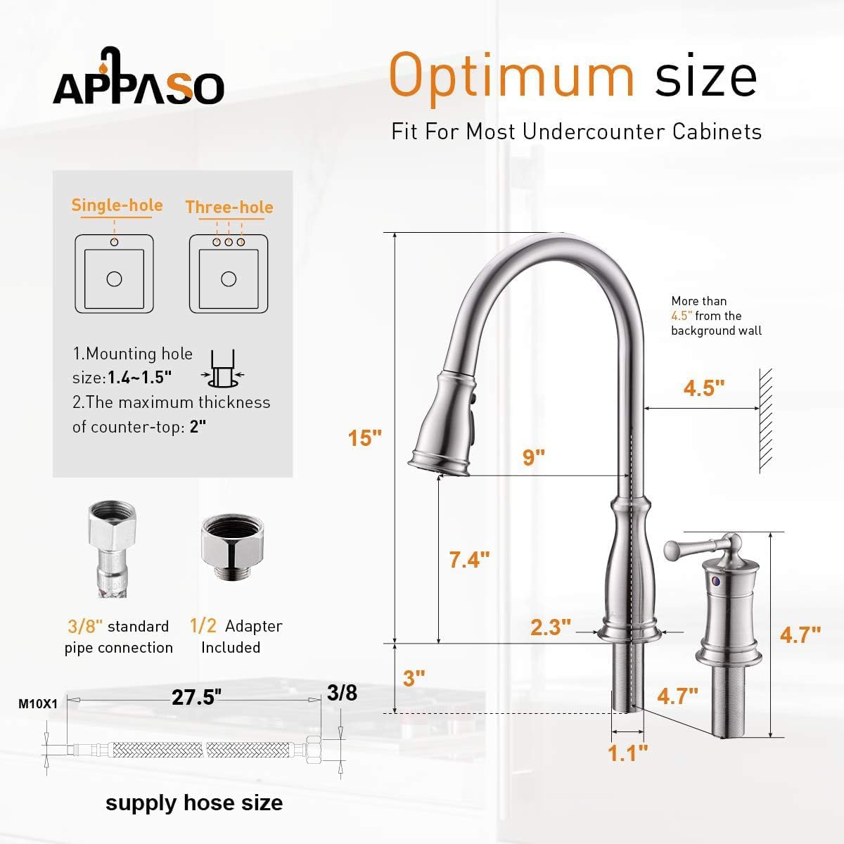 APPASO Brushed Nickel 3-Hole Kitchen Faucet with Pull Down Sprayer - High Arc Stainless Steel Sink Faucet with Soap Dispenser & Separate Handle - Perfect for Modern Kitchens & Restaurant Prep Stations
