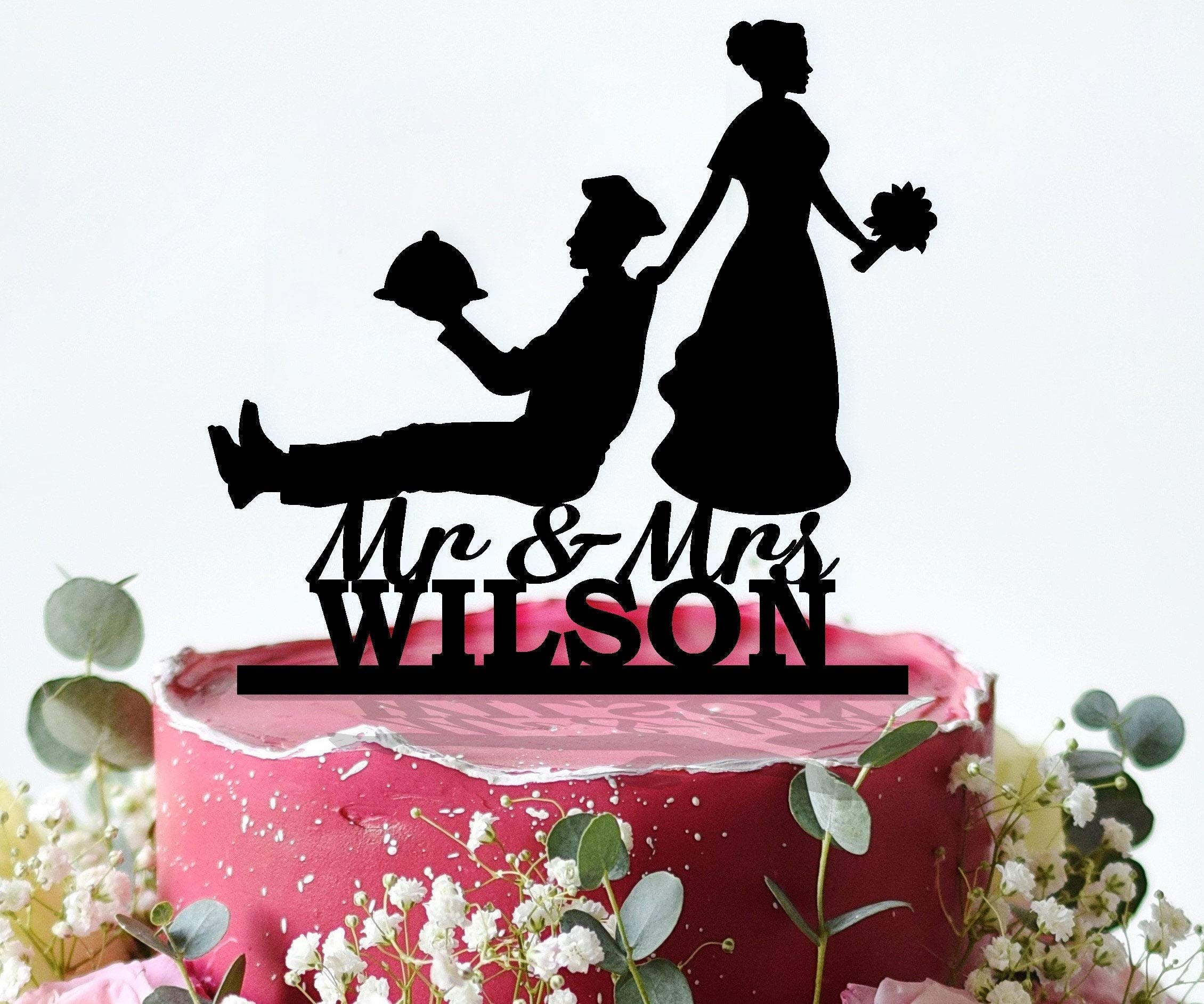 Custom Rustic Cake Toppers - Personalized Name & Color Wedding Cake Decorations | Bride Pulling Groom & Chef Theme | Mr & Mrs Cake Topper for Weddings, Anniversaries & Special Celebrations