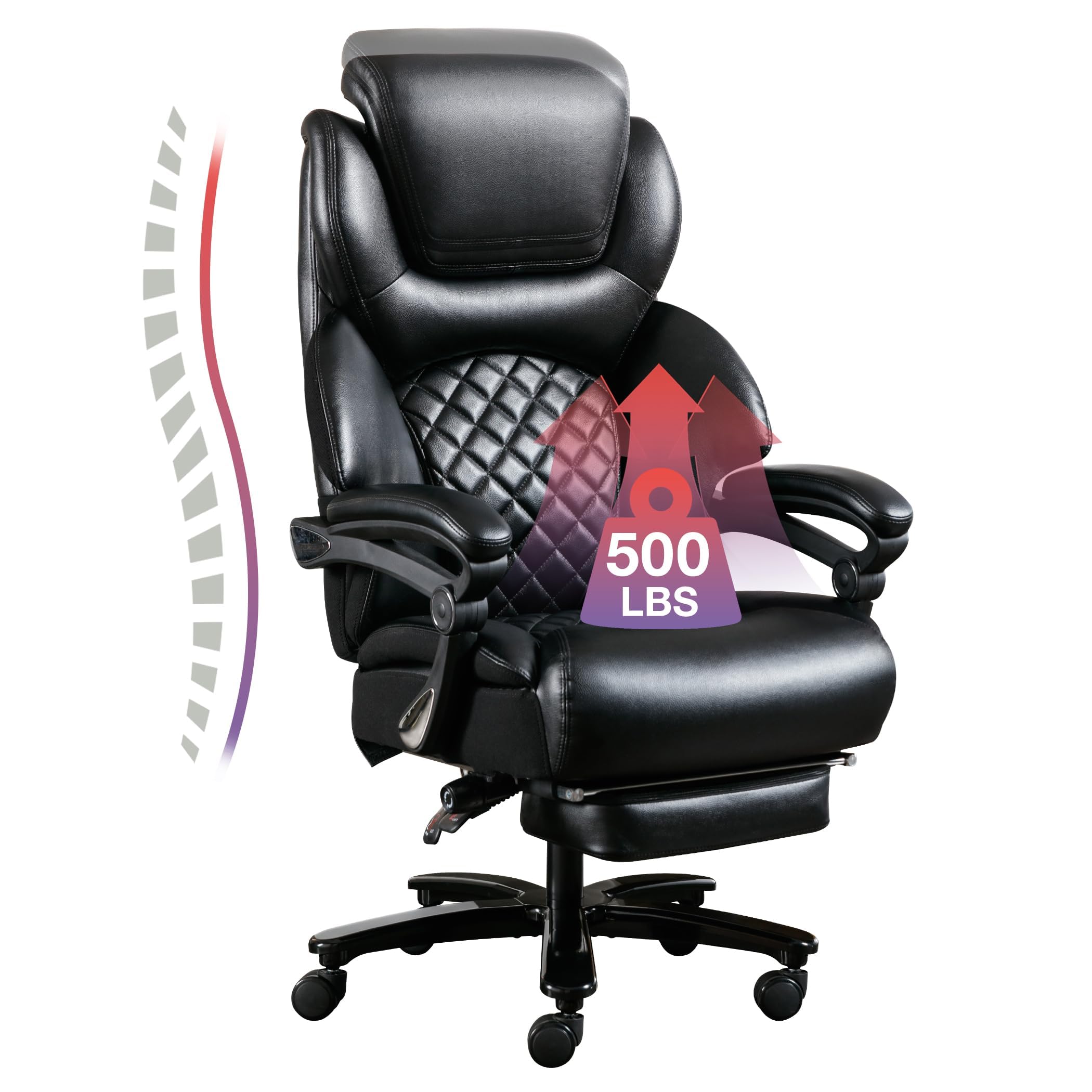 Big and Tall Office Chair 500 lbs - Heavy Duty Executive Chair with Adjustable Lumbar Support, Headrest & Footrest - Extra Wide Ergonomic Chair for Large People - Perfect for Home Office, Gaming & Workspaces