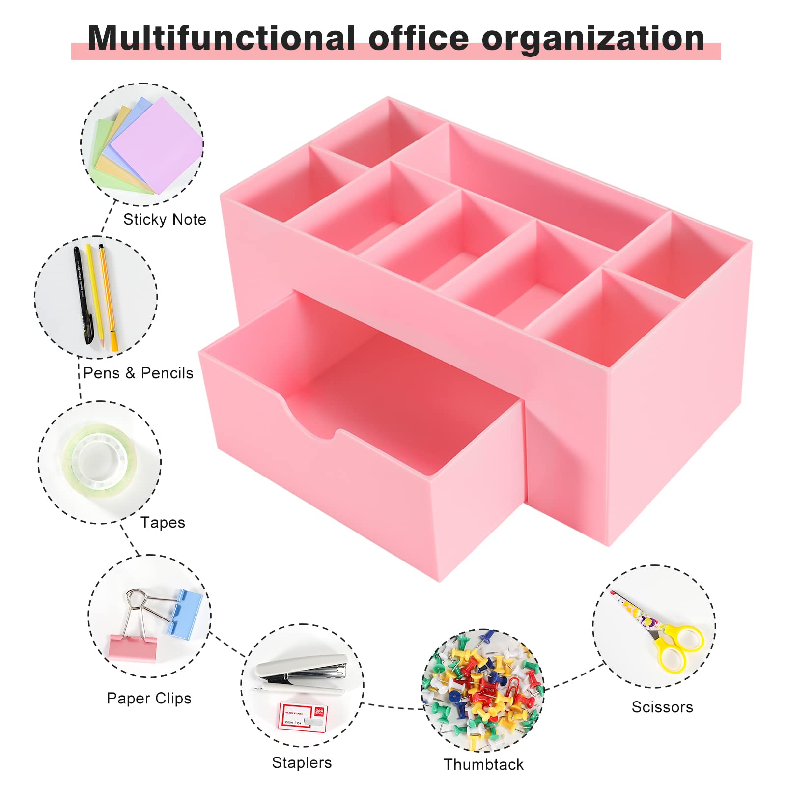 Pink 8-Compartment Desk Organizer with Pen Holder & Pencil Cup - Office Supplies for Desk Organization | Perfect for Home Office, School & Workspace Accessories