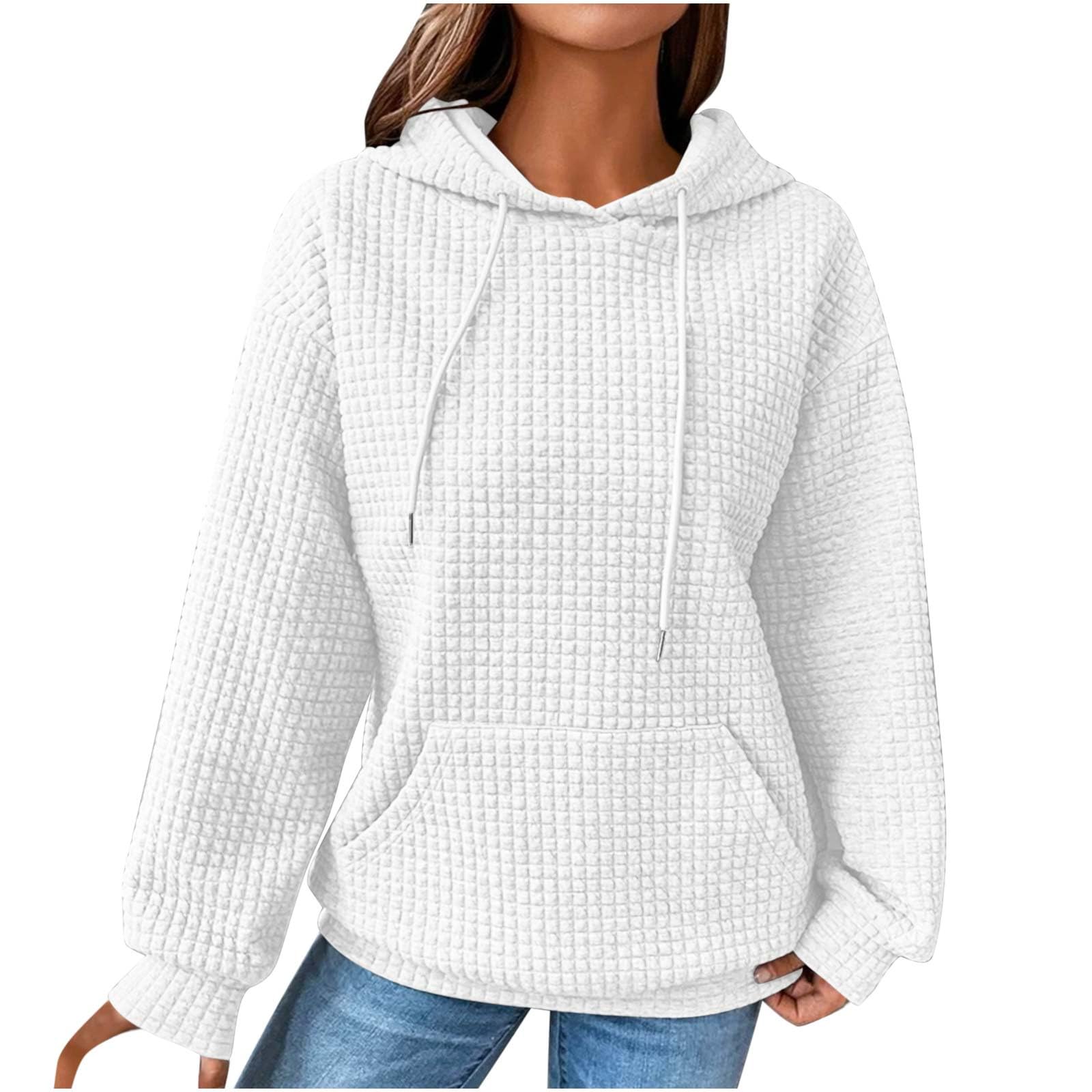 Women's Casual Long Sleeve Hoodie - Soft Waffle Pullover Sweatshirt with Drawstring & Pocket - Loose Fit Fall Fashion Top for Everyday Wear, Lounge & Outdoor Activities
