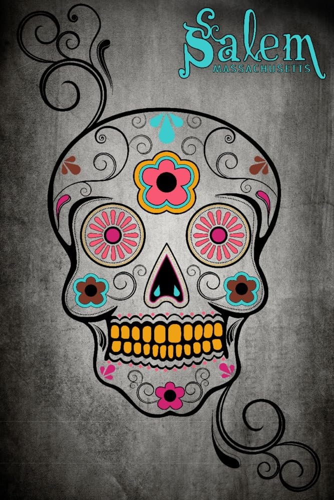 Lantern Press Salem Massachusetts Sugar Skull Art Print - 16x24 Wrapped Canvas Wall Decor for Home, Office & Halloween Party Decoration
