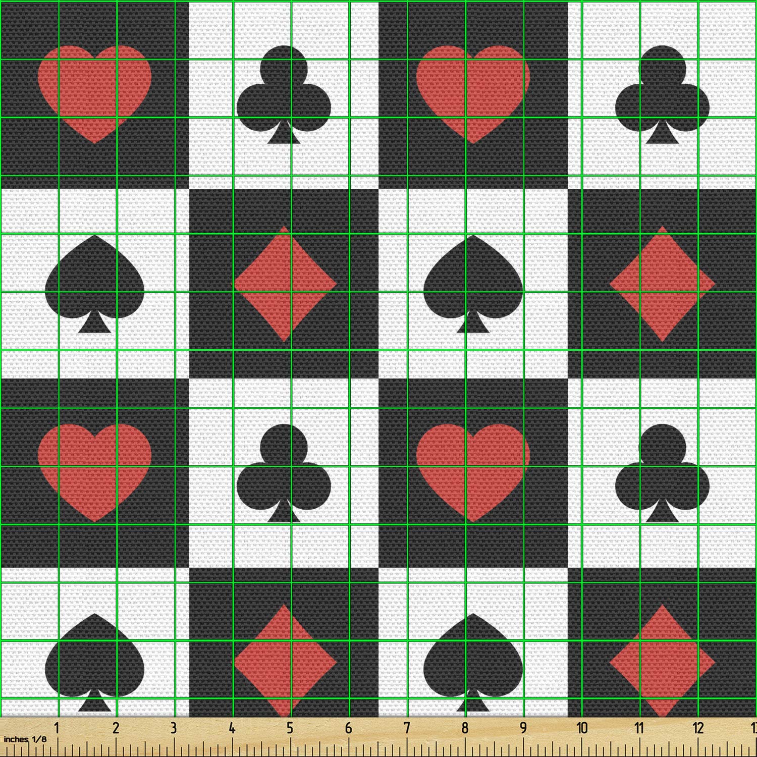Lunarable Poker Fabric by The Yard - Checkered Squares with Poker Card Suits (Spades, Hearts, Clubs) - 10 Yards Black & White Upholstery Fabric for Home Decor, DIY Projects & Poker-Themed Room Accents