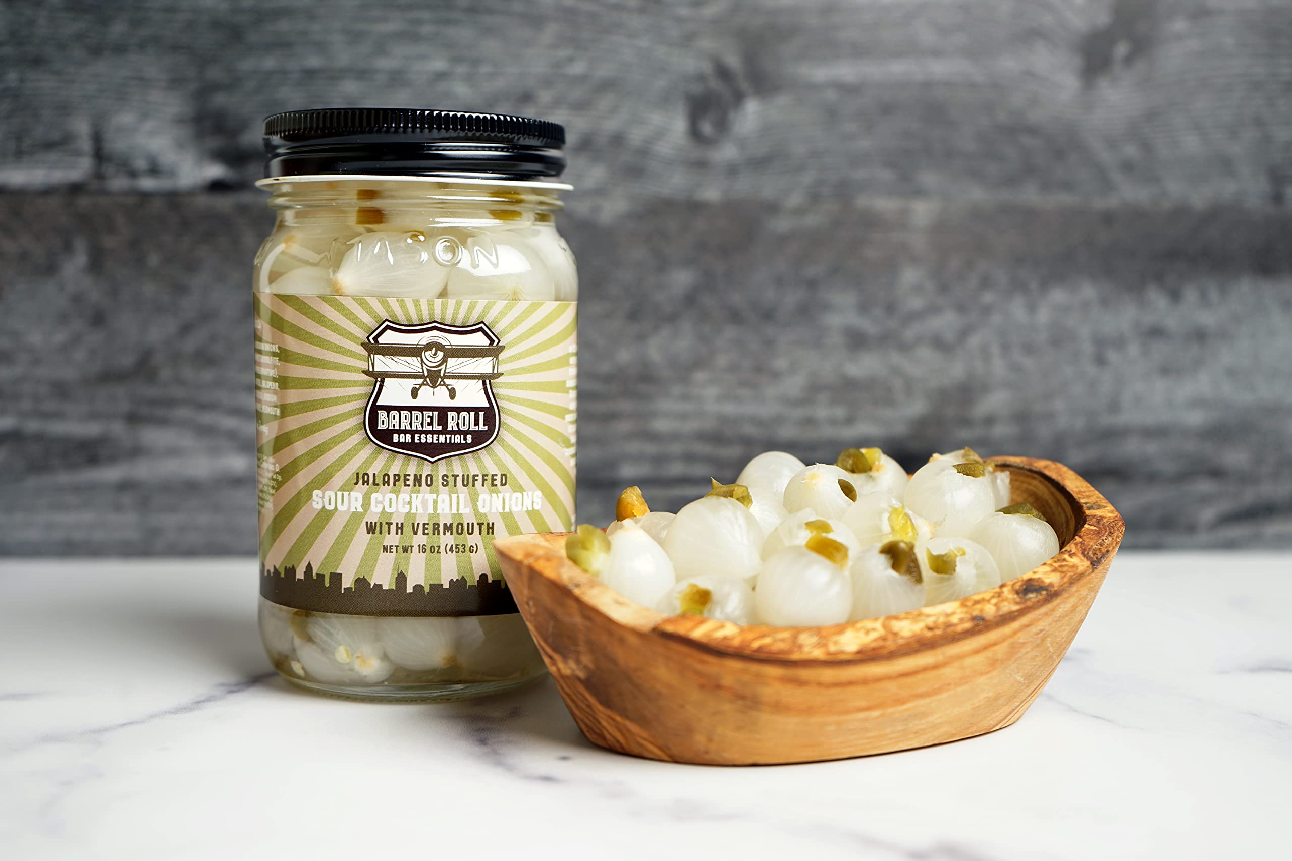 Barrel Roll Bar Essentials Jalapeño Stuffed Cocktail Onions - Gourmet Pickled Silver Skin Onions in Vermouth & Salty Vinegar - Perfect for Gibson & Bloody Mary Garnish - 2 Pack (16 oz Each) - Ideal for Home Bars, Cocktail Parties & Gourmet Cooking