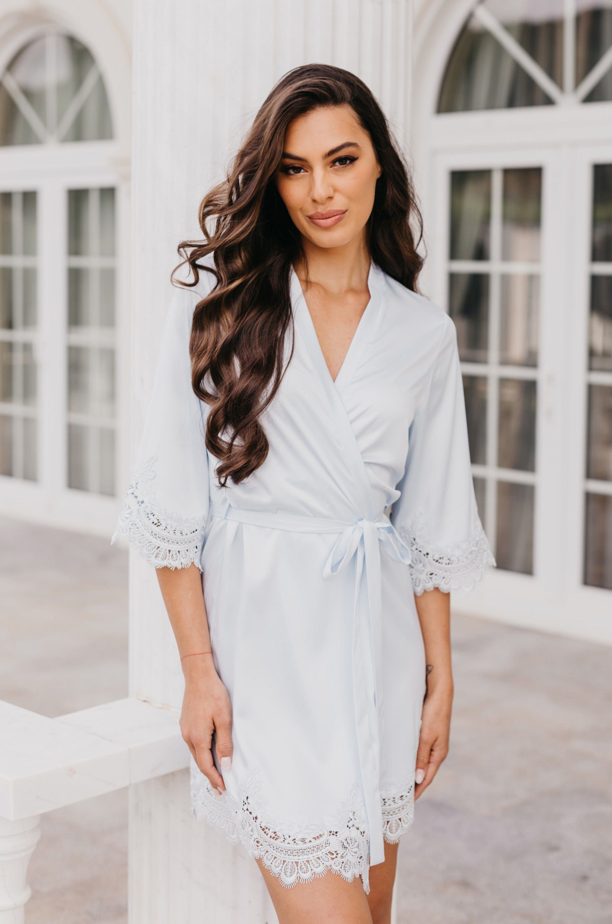 Alessandra Women's Lace Trim Satin Robe - Elegant Long Kimono Bathrobe for Bridal, Honeymoon & Boudoir Photography